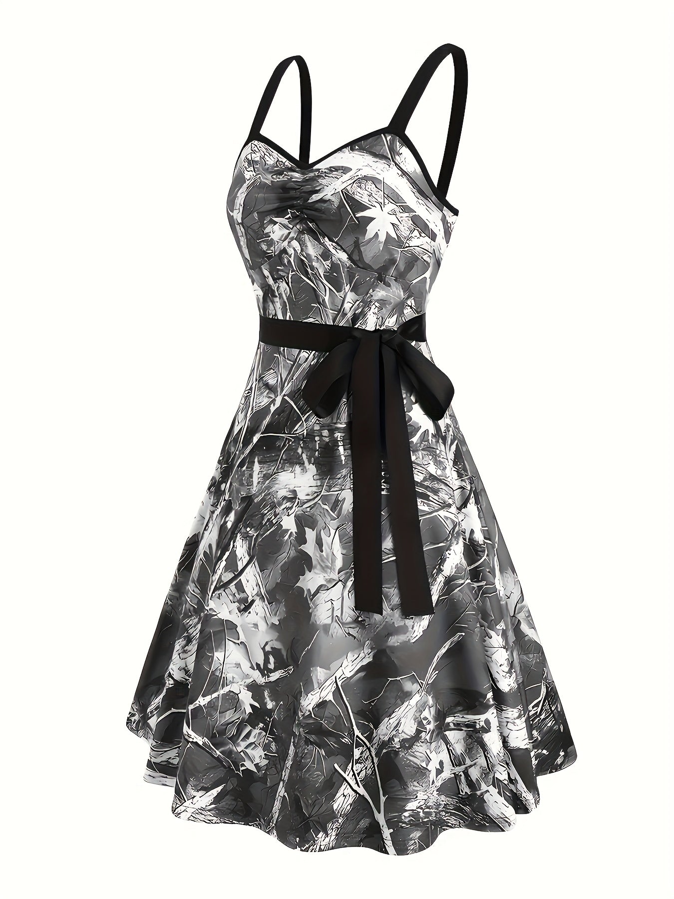 Women's Casual Sleeveless Off-Shoulder Mini Dress with Leaf & Branch Camo Print, Adjustable Waist Tie Belt, Ruched Bust Detail - Machine Washable Stretchy for Spring Summer Fall