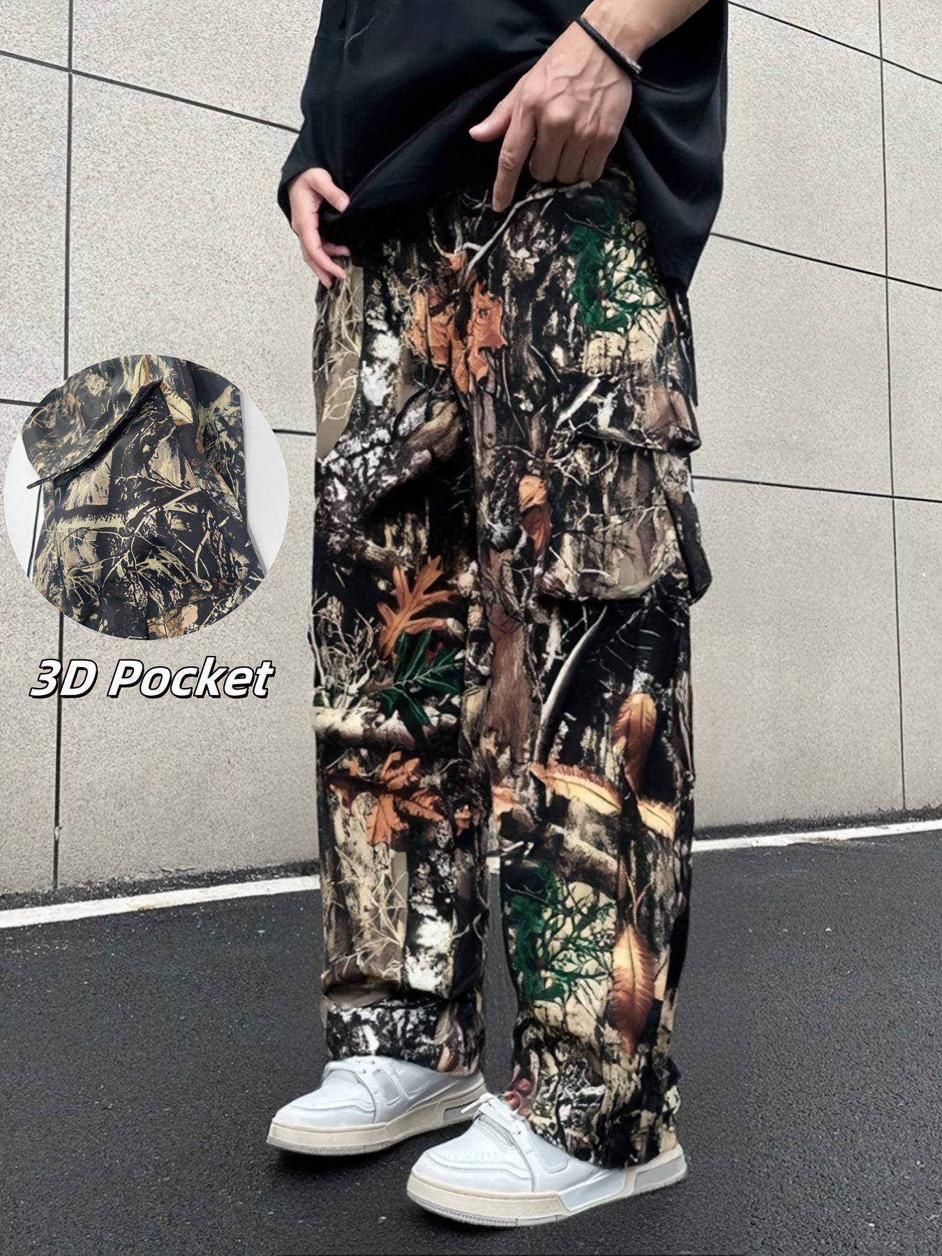 Men's Plus Size Camo Cargo Pants with 3D Pocket Detail - Trendy All-Over Print, Multi-Pocket Design, Polyester for Outdoor, Sports & Streetwear, PLUS SIZE