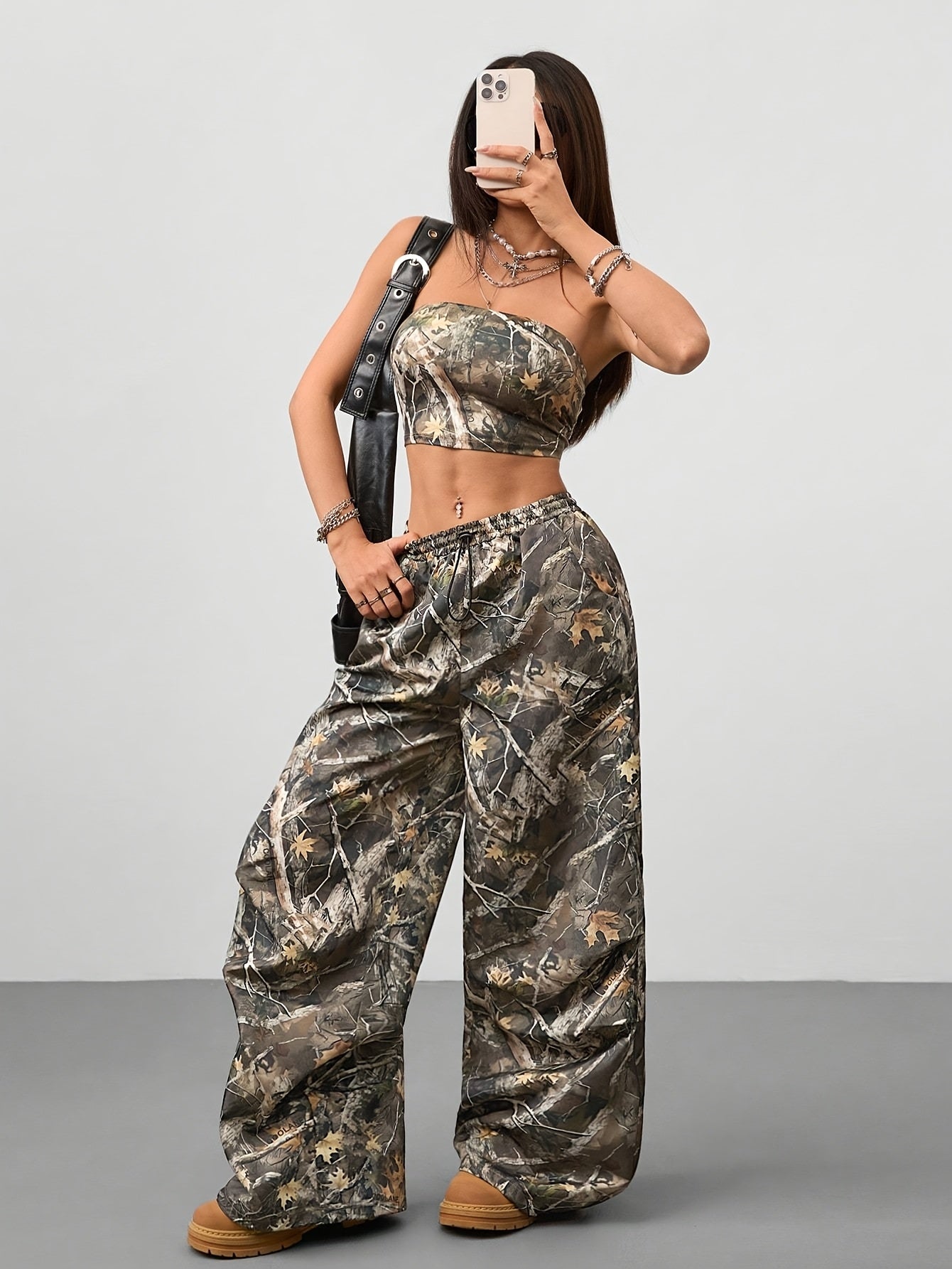 2pcs Women'S Camo Print Two-Piece Set - Sleeveless Crop Top & Wide-Leg Pants with Drawstring Waist, Brown & Black Leaf Pattern, Casual Spring/Summer Outfit, Outdoor Clothing | Relaxed Fit Pants | Drawstring Waistband
