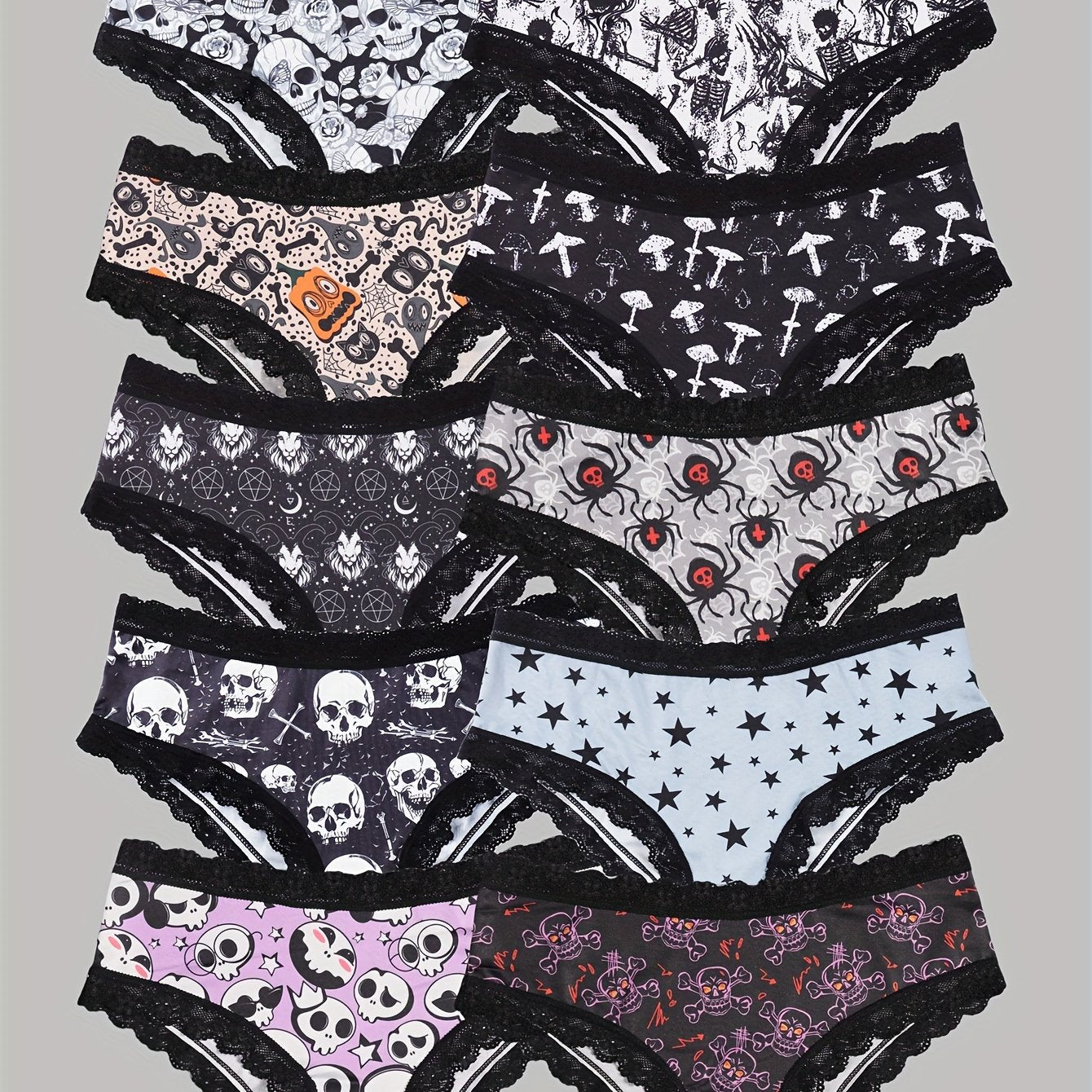 Sexy Cute Gothic Chic 10pcs Low-Rise Briefs - Contrast Lace, Allover Halloween Print, Comfortable Hipster Panties - Assorted Styles, Perfect Gift Idea for Special Occasions Or Daily Wear