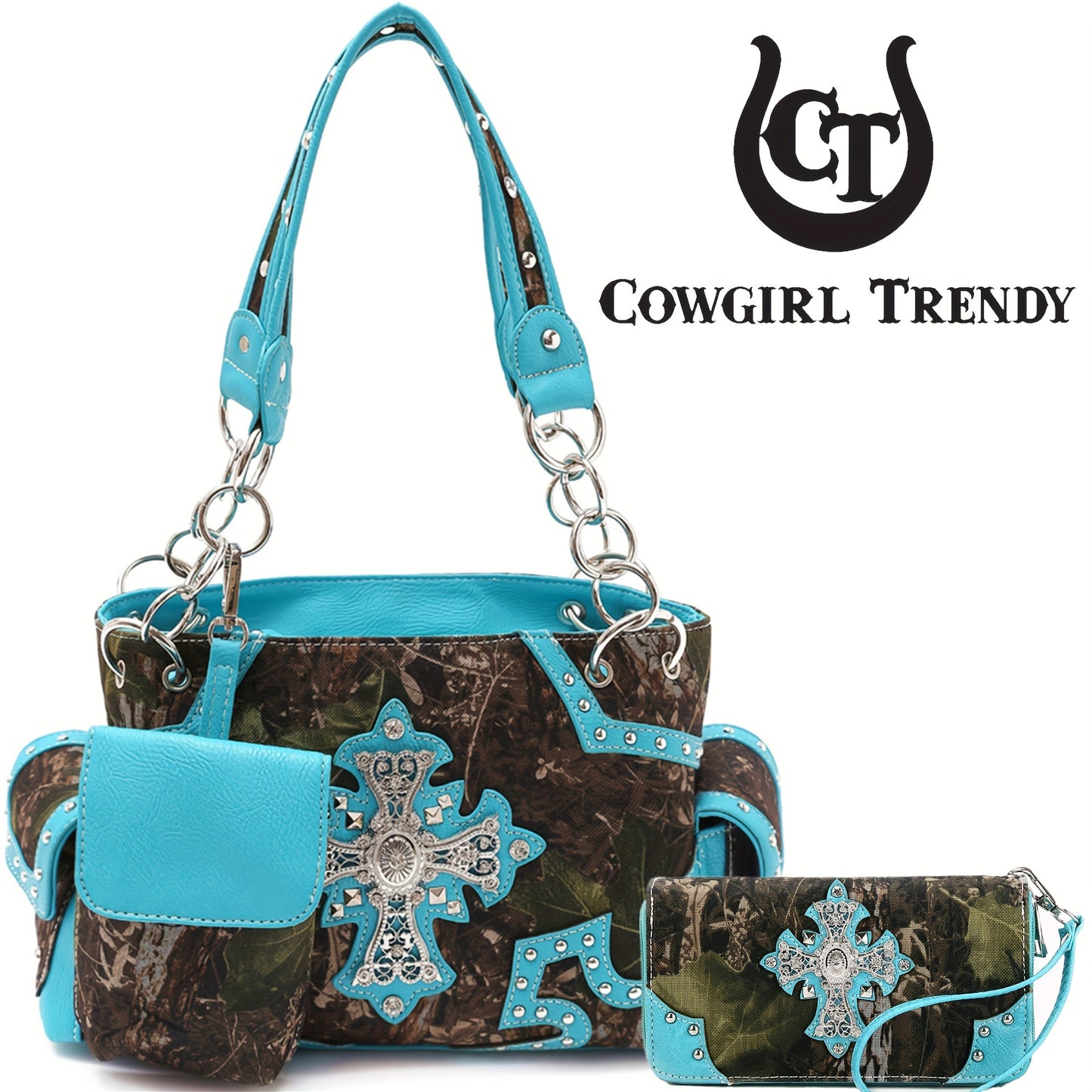 Women'S Western Cowboy Purse and Wallet Set - Synthetic Faux Leather Handbag with Zipper Closure, Structured Shoulder Bag & Wallet Combo in Light Blue, Brown, Purple, Black - for Everyday, Formal, Western Events - Easy-to-Cle