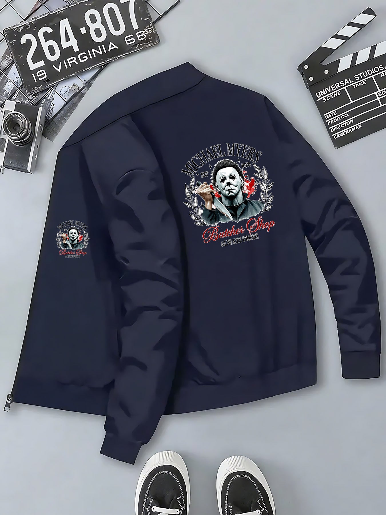 Men's Michael Myers Halloween Horror Graphic Bomber Jacket - Slim-Fit Zipper Closure, Stand Collar & Butcher Shop Print - Casual Winter Coat for Themed Events & Casual Attire (Machine Washable), Streetwear Fashion, Trendy Out