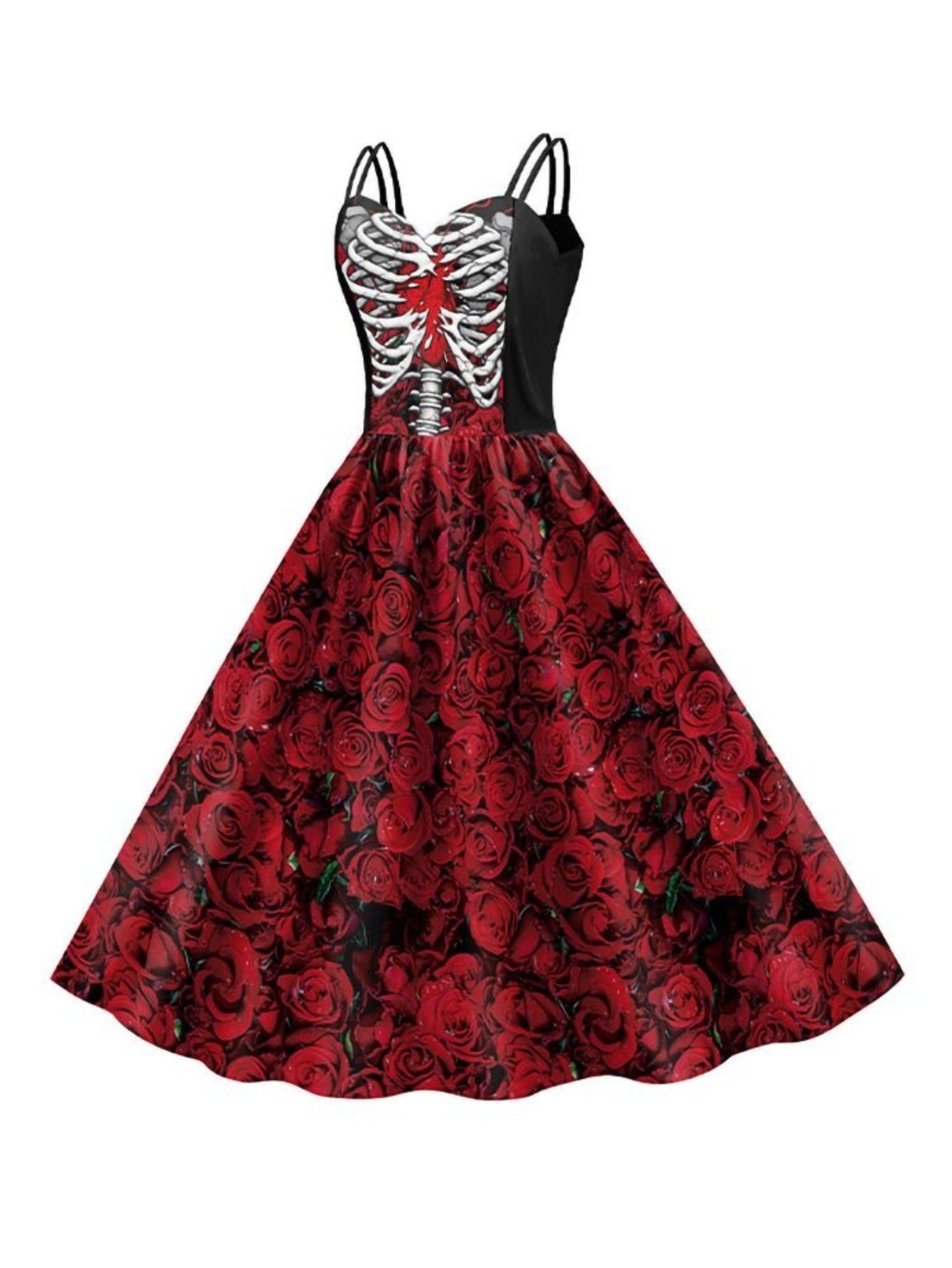 Women'S Gothic Victorian-Inspired Black & White Floral Print Suspender Dress Costume - Sleeveless A-Line Mid-Length with Ruffled Hem & V-Neck, Structured H-Line Silhouette for Halloween Carnival Party, Themed Events - Breatha