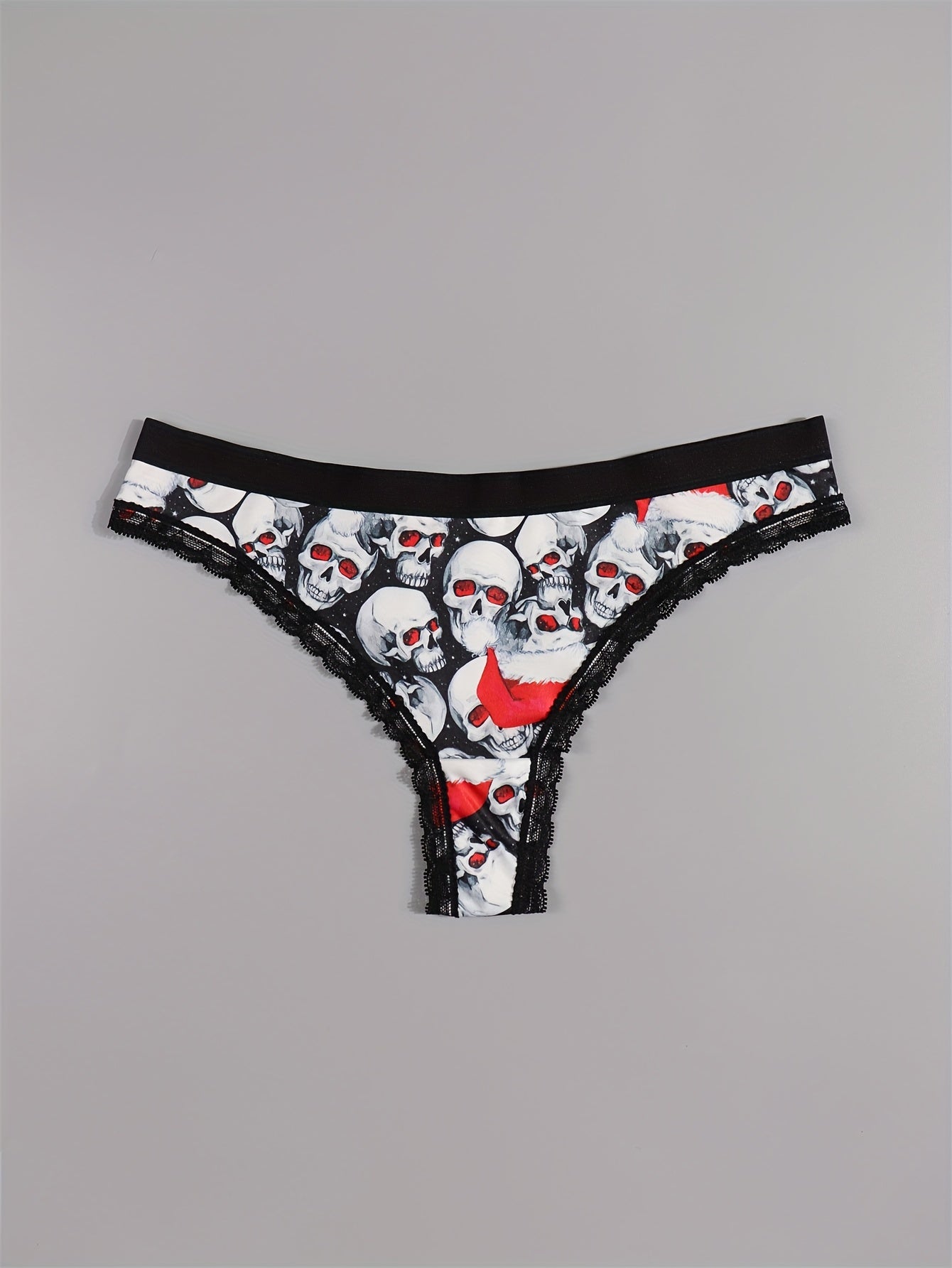 4pcs Gothic Lace Thong Panties - Black Skull & Eyeball Design with Mushrooms & Bats, Comfortable Silky Intimates for Women, Halloween-Themed Lingerie, MORVIA Brand, Halloween Lingerie | Skull Print Design | Silky Texture, Hal