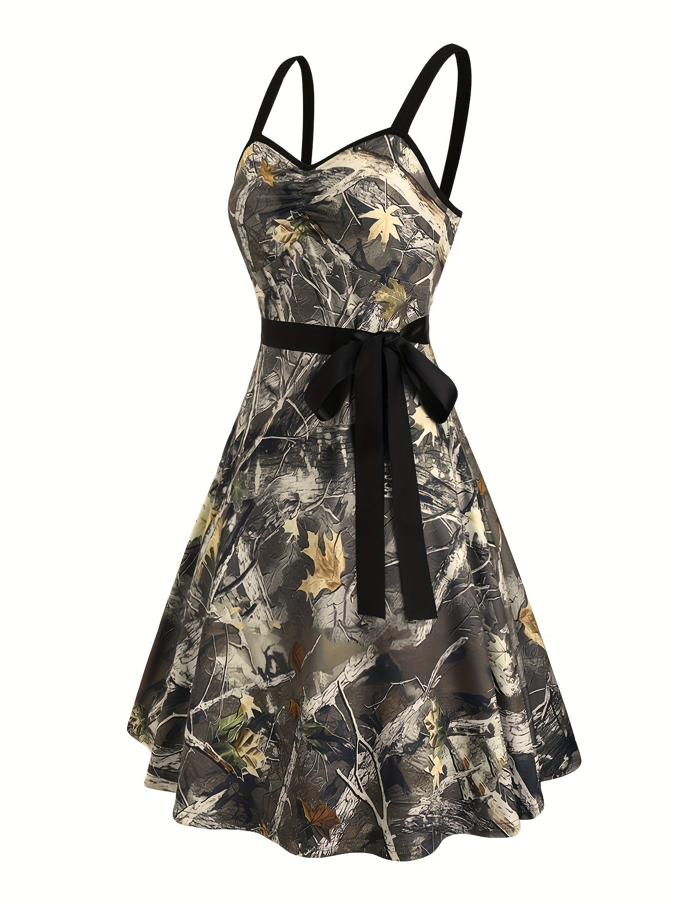 Women's Casual Sleeveless Off-Shoulder Mini Dress with Leaf & Branch Camo Print, Adjustable Waist Tie Belt, Ruched Bust Detail - Machine Washable Stretchy for Spring Summer Fall