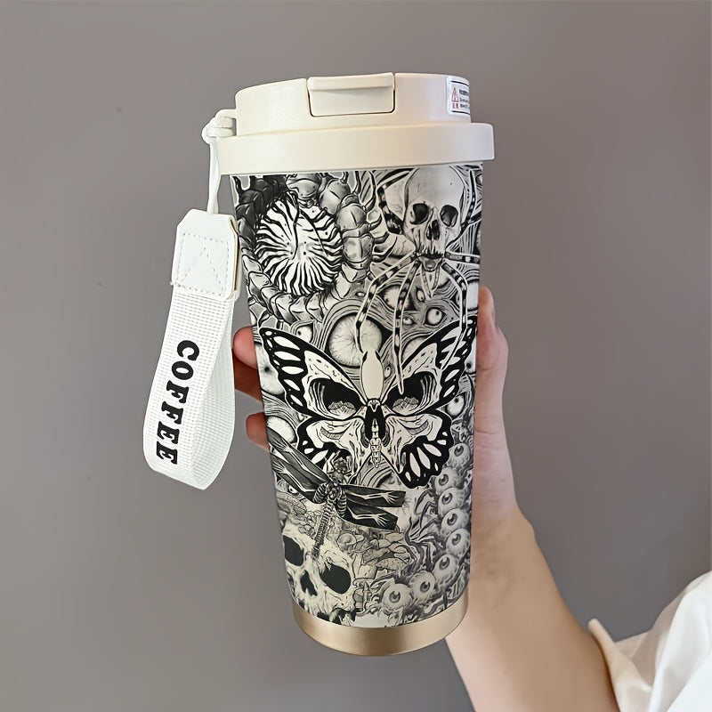 A 17.92oz Creepy Red Green Element Pattern Coffee Cup, Portable Dual Drink Thermos, Insulated/Cold Water Cup, Cool, Trendy, Cold/Hot Drink Cup, Suitable for Office, Travel, Sports/Outdoor Essentials, Basketball, Golf, Basebal