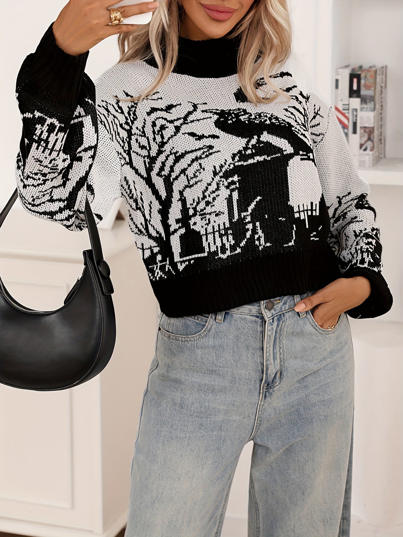Women'S Gothic Dark Style Pullover Sweater - Black & White Contrast Color Block, Loose Fit Long Sleeve Top with Ribbed Cuffs, Warm Fall Winter Clothing for Everyday & Formal Outfits, Gothic Fashion, Autumn Winter Apparel, Moo