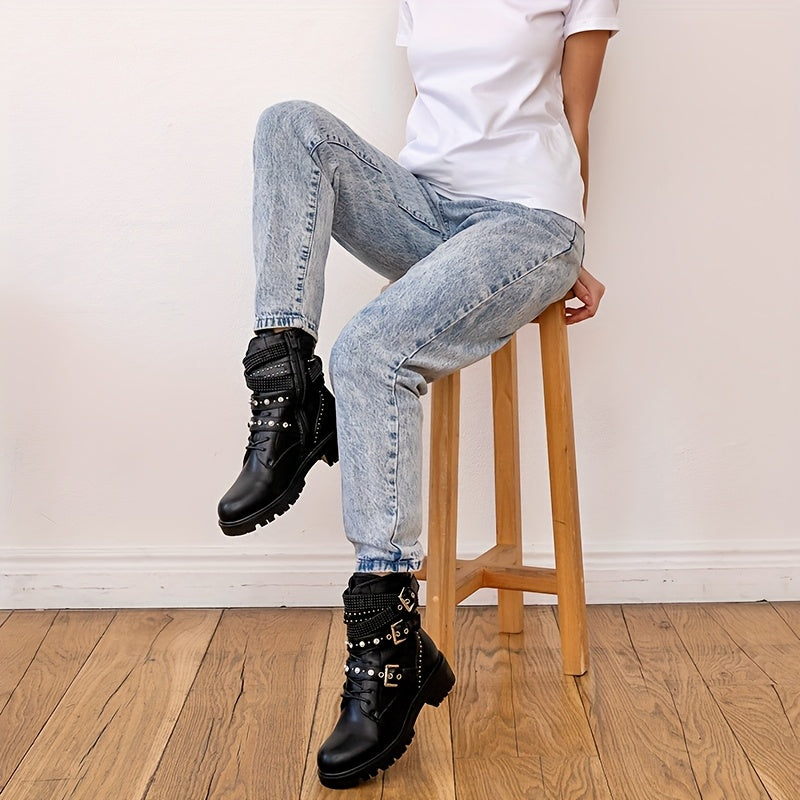 Women's Gothic Punk Motorcycle Boots - Lace-Up & Chain Zipper Closure, Thick Platform Sole with Metallic Studs, Chunky Mid-Heel, Faux Cover, All-Season Casual Ankle Boots (Black), Motorcycle Style Boots | Decorative Zipper Bo