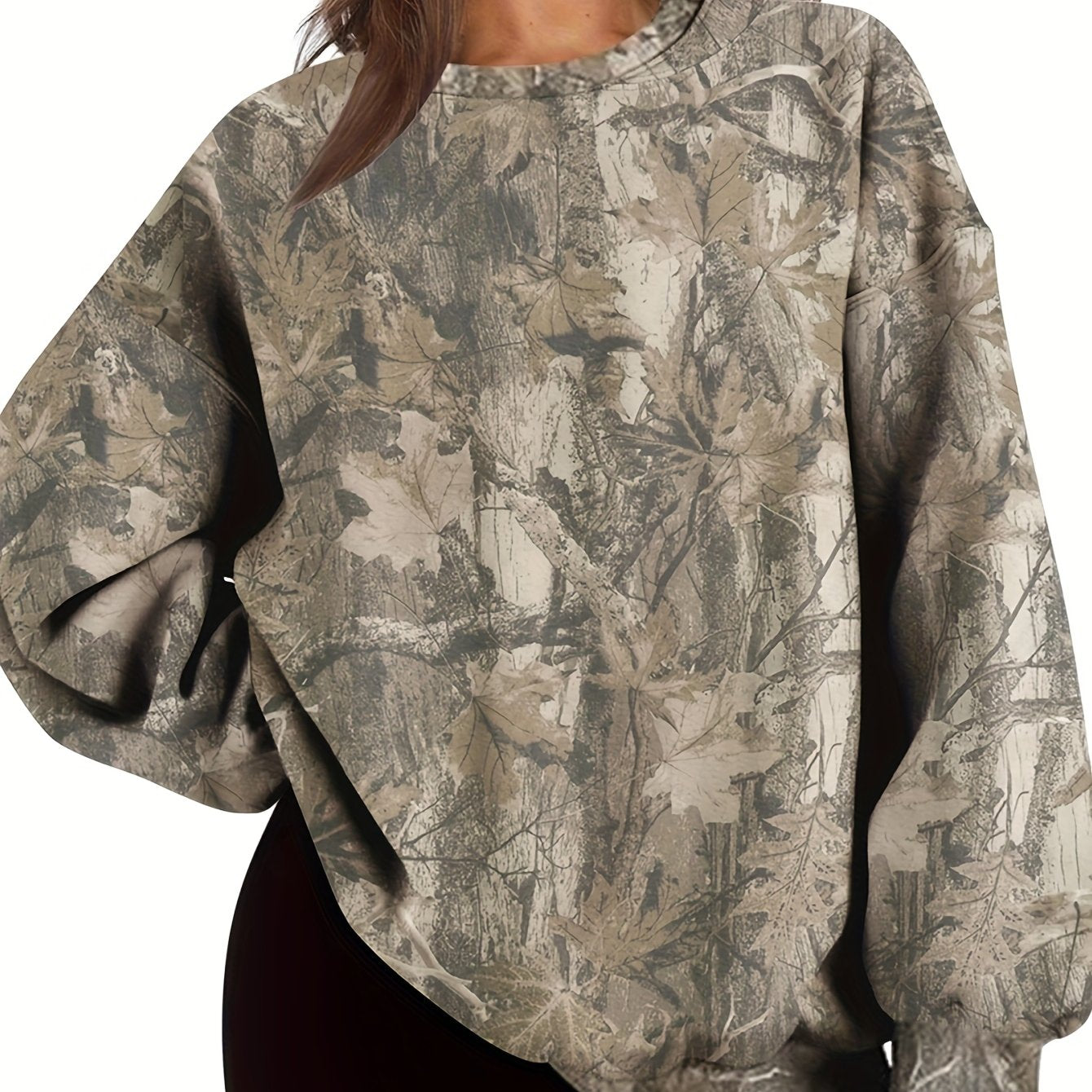 Women'S Oversized Camo Sweatshirt - Long Sleeve, Loose Fit, Green & Black Leaf Pattern, Casual Pullover with Ribbed Cuffs, All-Season Comfort, Casual Wear | Relaxed Fit Top | Construction, Sweater Hoodie