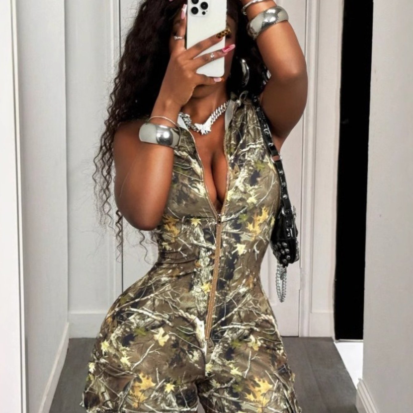 Women'S Sexy Camouflage Print Jumpsuit - Deep V-Neck Short Sleeve Stretchy Slim-Fit Romper with All-Over Green/Brown/Beige Camo Pattern, Round Neckline & All-Season Versatile Style for Casual to Semi-Formal Outfits (D9756), J