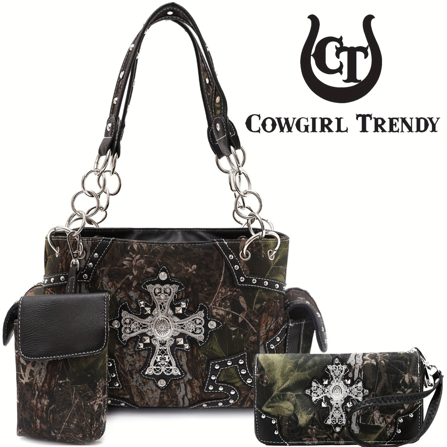 Women'S Western Cowboy Purse and Wallet Set - Synthetic Faux Leather Handbag with Zipper Closure, Structured Shoulder Bag & Wallet Combo in Light Blue, Brown, Purple, Black - for Everyday, Formal, Western Events - Easy-to-Cle