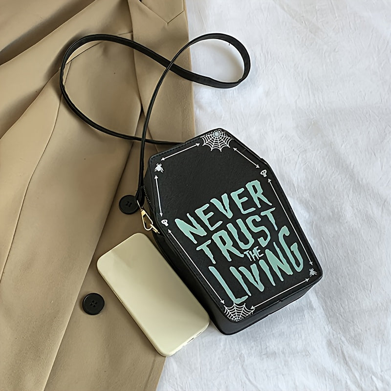 Perfect Halloween Coffin Bag • "Never Trust the Living" Design • Adjustable Strap • Zipper Closure • Polyester Lining • Dry Clean Only • Black Crossbody for Women • Halloween Costume Accessory • Trickory Desig