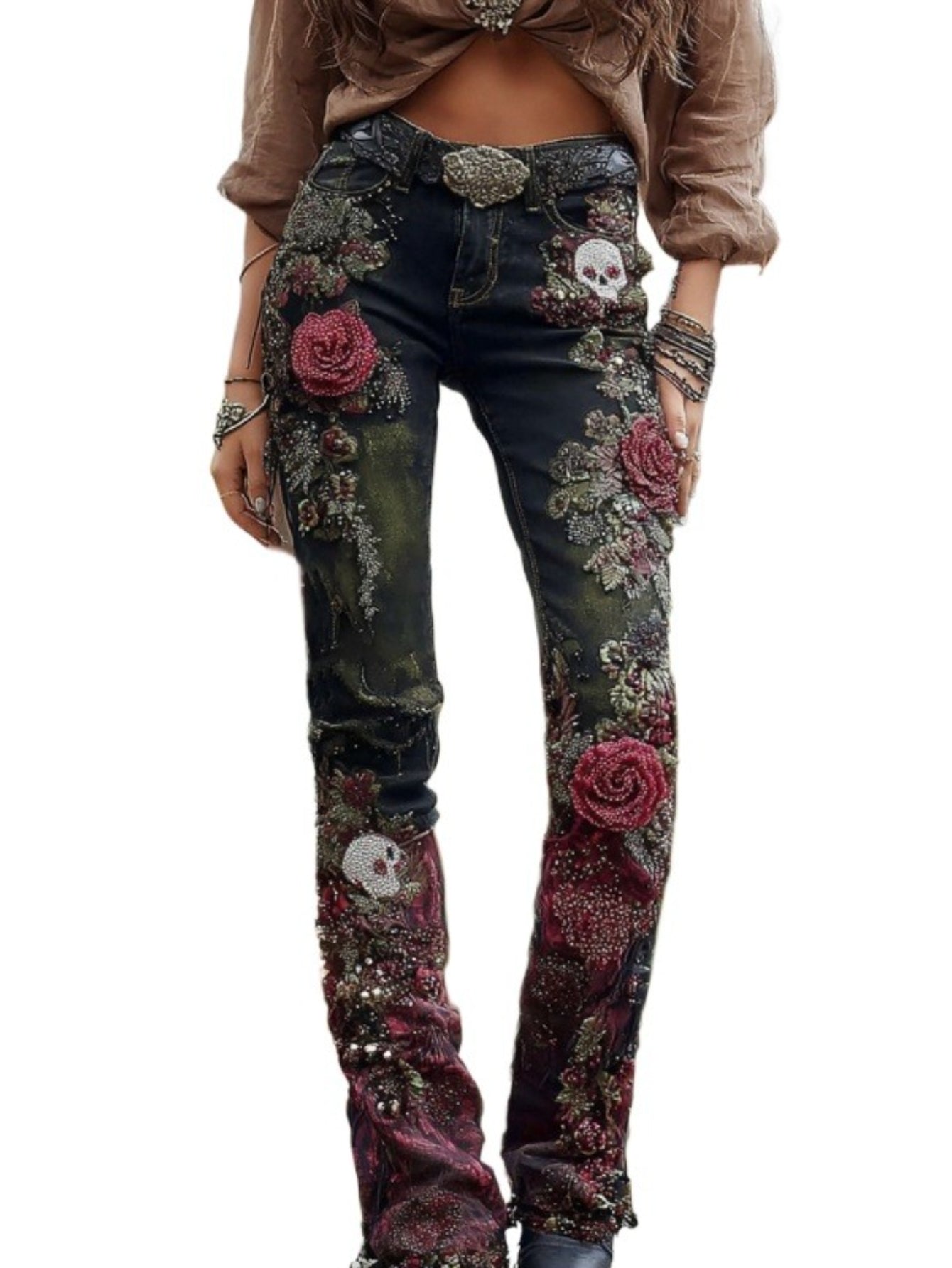 Women's Glow in The Dark Skeleton Jeans - 3D /Blacklight Reactive Light Up Bone & Skull Print, High Waisted Stretch Skinny Denim Pants for Gothic Rave Party Outfits, Nightclub Wear & Year-Round Costume
