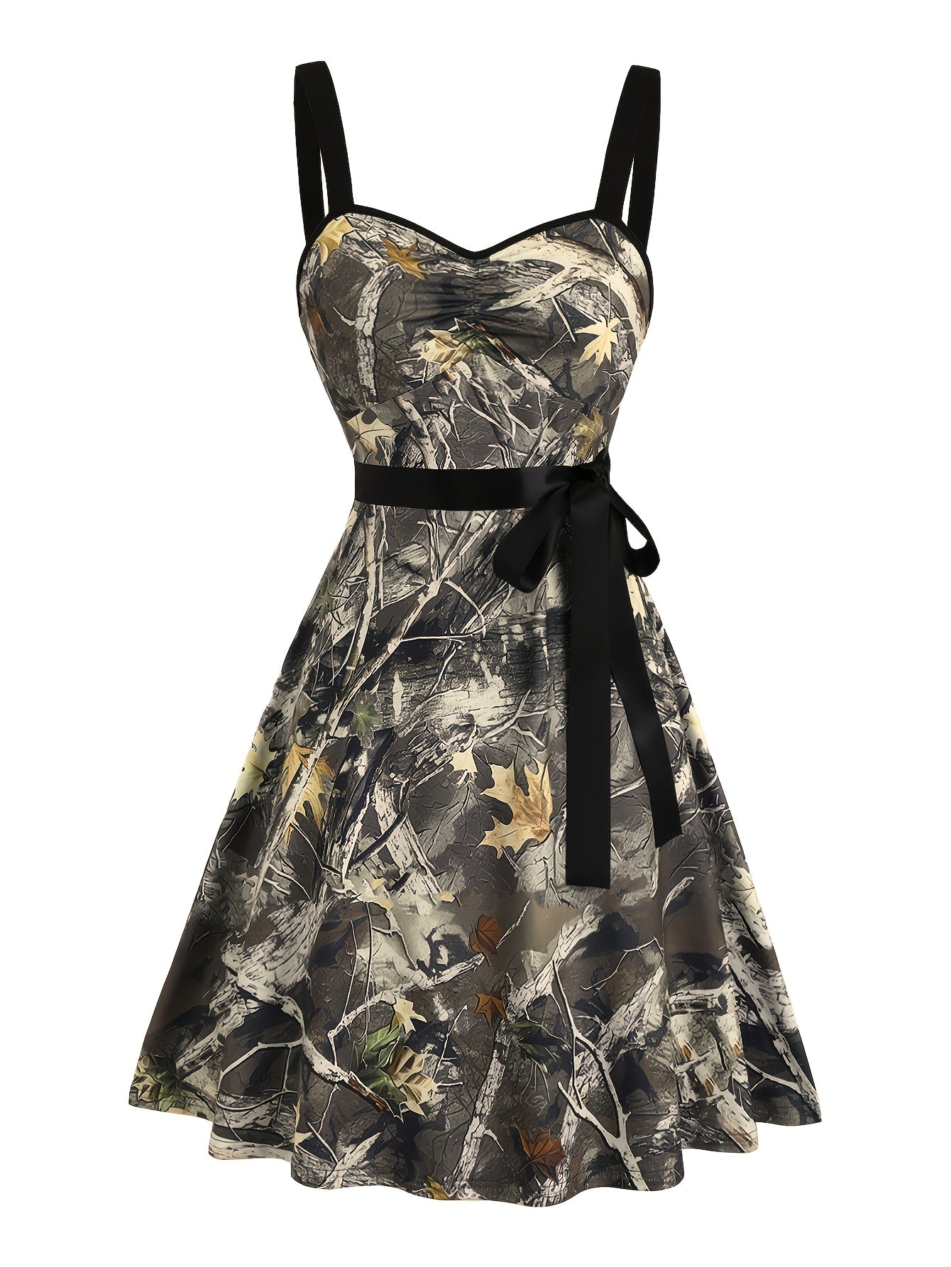 Women's Casual Sleeveless Off-Shoulder Mini Dress with Leaf & Branch Camo Print, Adjustable Waist Tie Belt, Ruched Bust Detail - Machine Washable Stretchy for Spring Summer Fall
