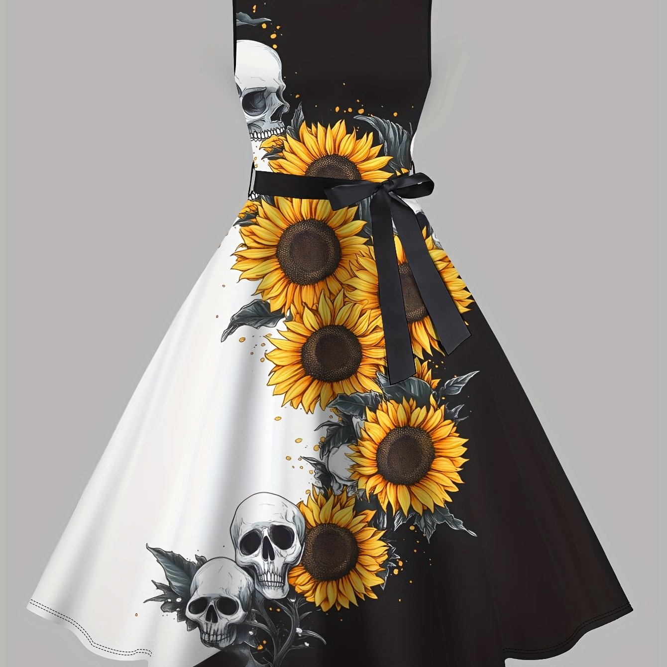 Women'S Gothic Sunflower Skull Print Sleeveless A-Line Dress with Belt - Black & White Contrast, Vintage Cocktail Party Dress for Spring Summer Fall, Casual Elegance, Seasonal Fashion, Offshoulder Design, Sophisticated Crafts