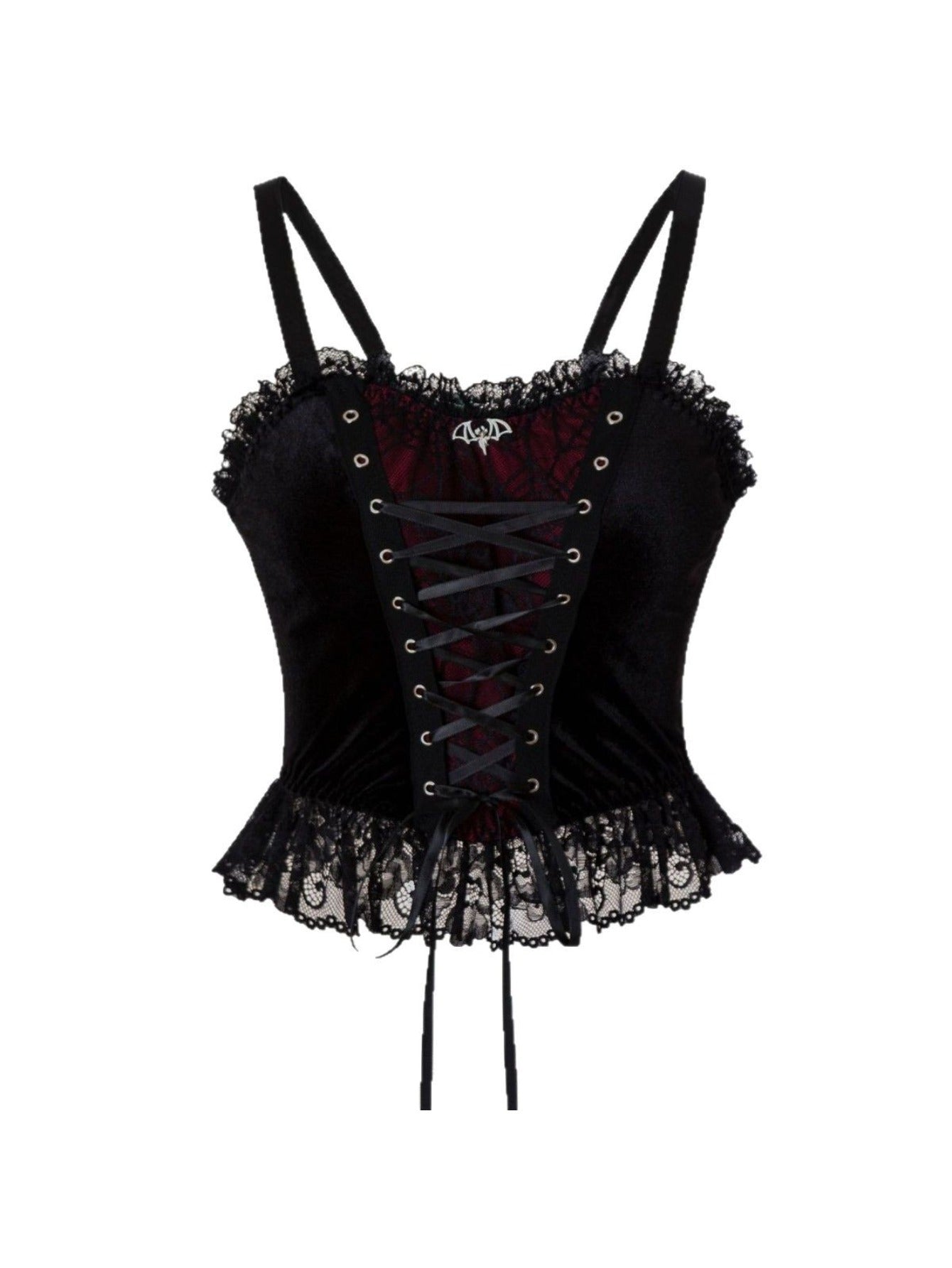 's Gothic Victorian Corset Top - Black Lace & Burgundy Ruffled Bustle with Adjustable Suspender Vest, Fitted Waist Cincher, Hand Washable Spice Style Costume for Themed Parties & Casual Attire