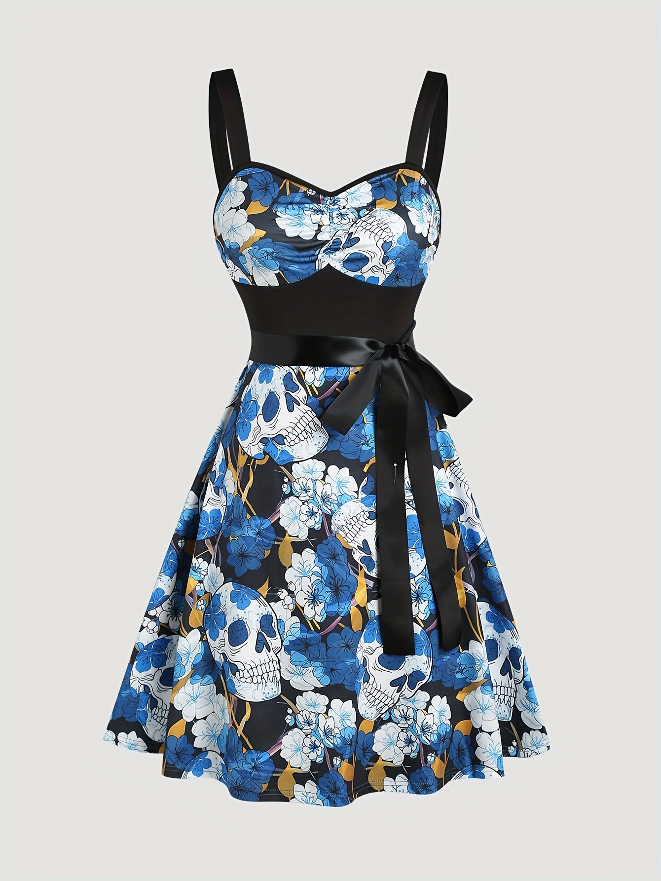 Women'S Floral Skull Print Pleated Bodice Sleeveless Summer Camisole Dress with Belt