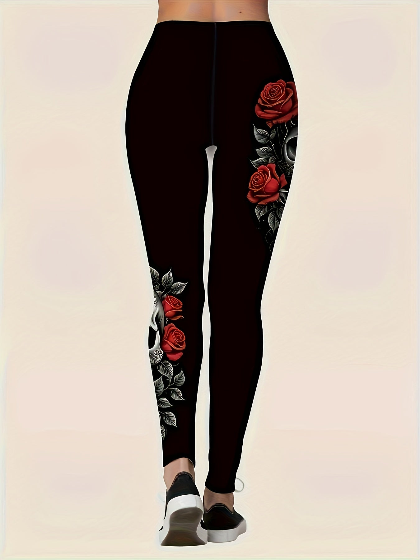 Women'S Halloween Leggings - Black with Red Roses, Stretchy Non-Slip Pants for Halloween Party Outfits, Costume Events & Casual Attire - All-Season Tight Fit Pants, Halloween Clothes, Festive Attire, Vintage Style, Durable Ma