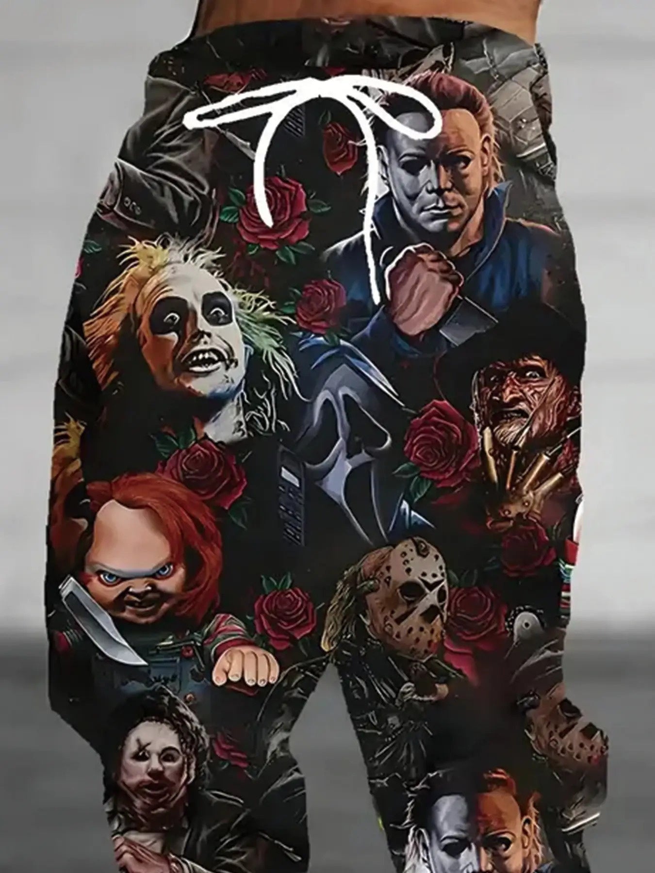 Men'S Horror Movie Icons Print Jogger Pants - Polyester Knit Casual Sportswear with Adjustable Drawstring Waist & Functional Pockets, All-Season Comfort for Gym, Lounge, Streetwear - Regular Fit Jogging Pants with Iconic Movi