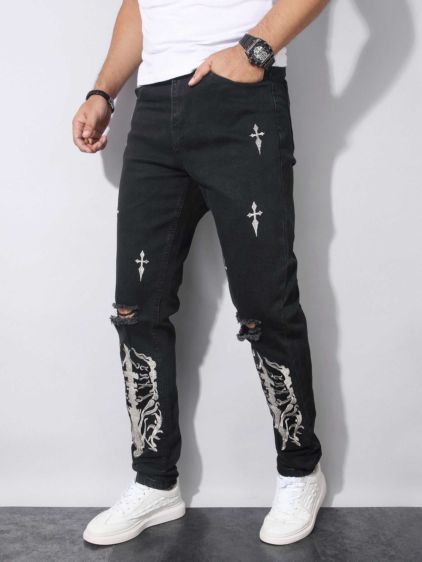 Men's Gothic Streetwear Distressed Black Slim-Fit Trousers with White Skull & Cross Print - All-Season Stretch Jeans for Casual & Statement Outfits, Gothic Pants For Men, Horror Pants For Men, Hip Hop Pants For Men, Printed T