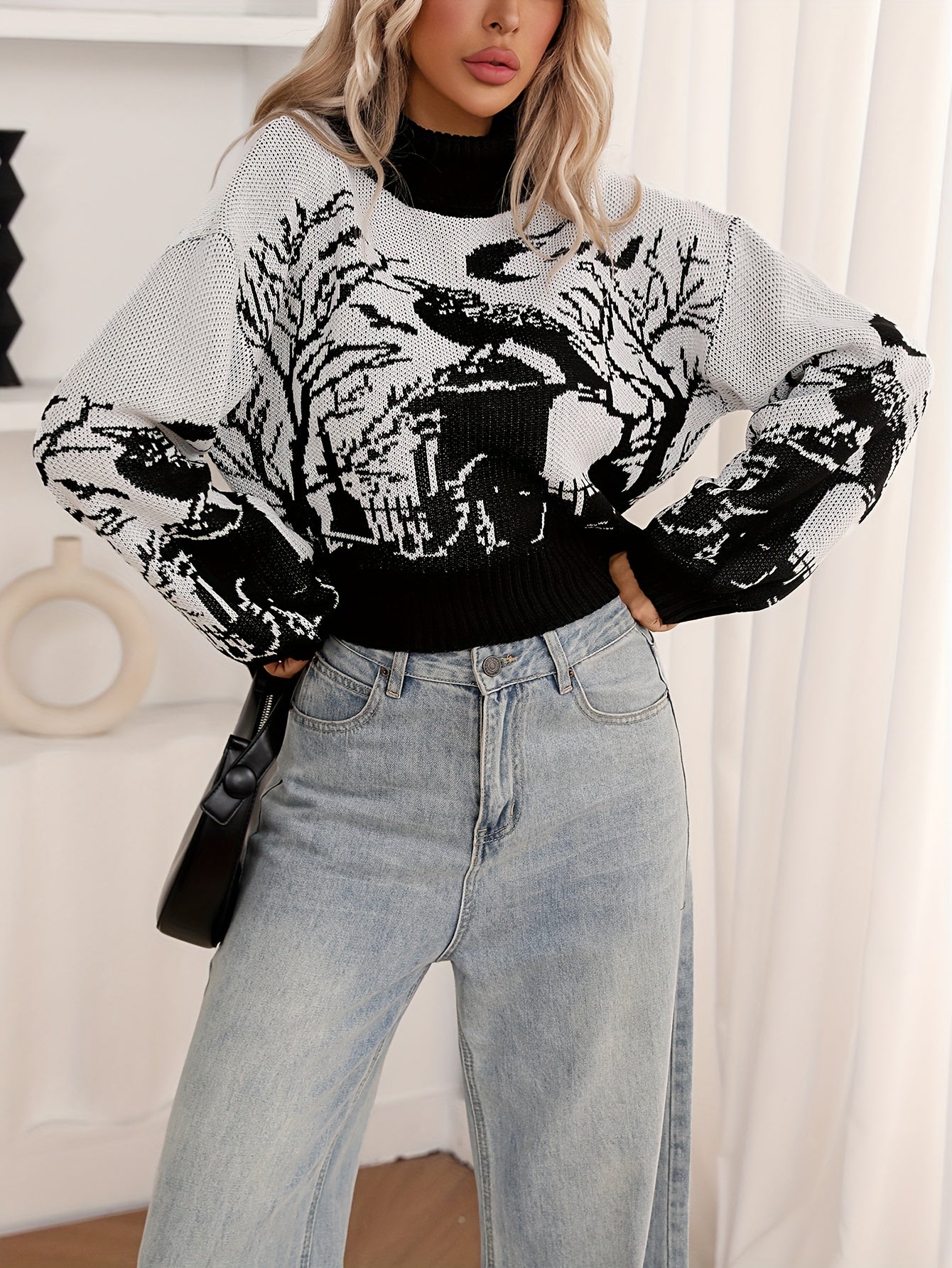 Women'S Gothic Dark Style Pullover Sweater - Black & White Contrast Color Block, Loose Fit Long Sleeve Top with Ribbed Cuffs, Warm Fall Winter Clothing for Everyday & Formal Outfits, Gothic Fashion, Autumn Winter Apparel, Moo
