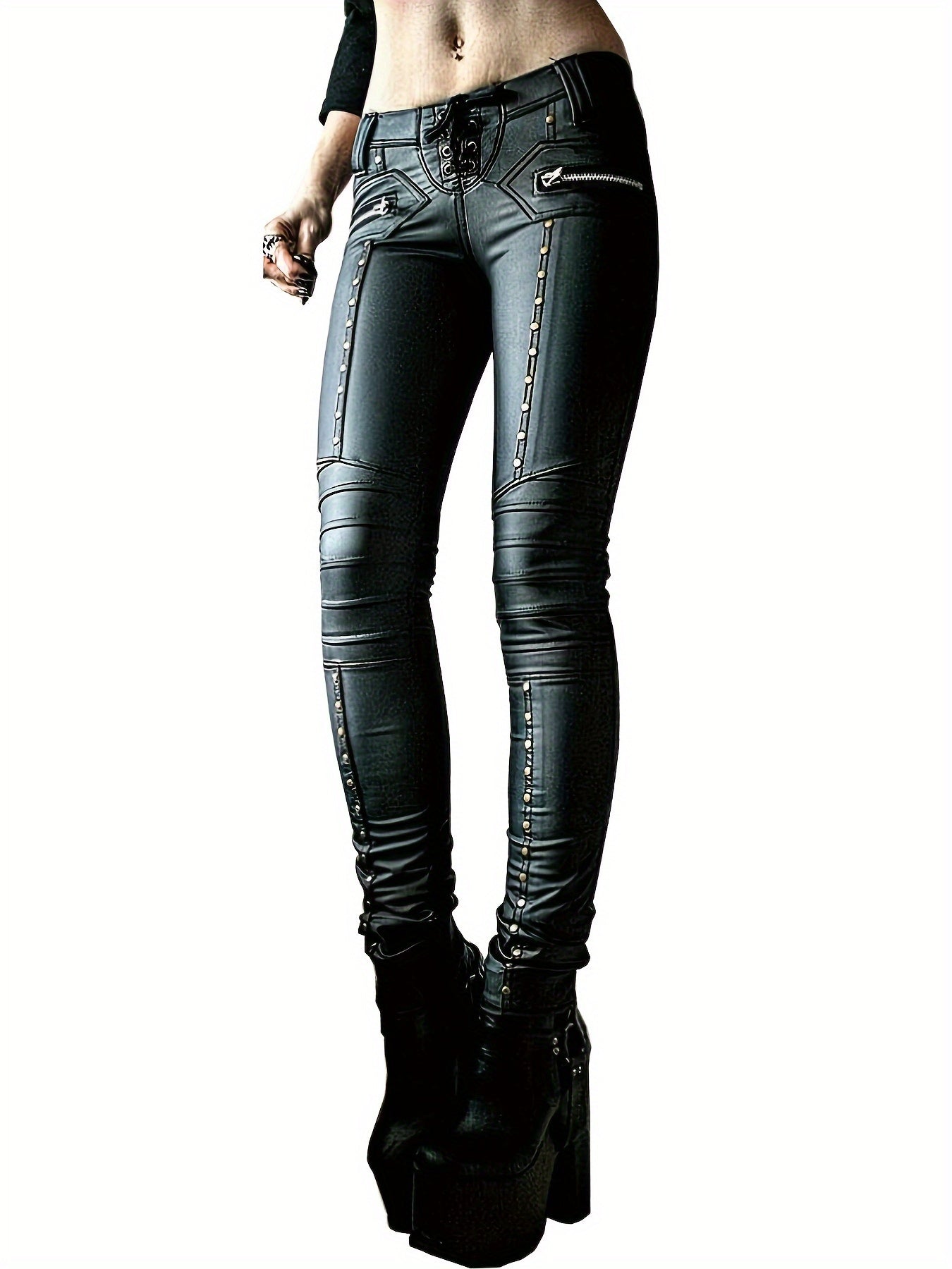Women's Gothic Punk Skinny Leggings - High-Waisted PU Motorcycle Trousers with Lace-Up Details, Rock Club Style, Black, Stretchy & Comfortable Fit for Spring/Fall