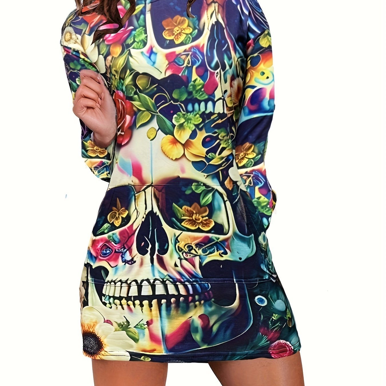 1pc Women'S Colorful Skull Hoodie Dress, Casual Polyester Knit with Slight Stretch, Long Sleeve Hooded Pullover with Pockets, All Over Print Loose Fit, Fall/Winter Fashion