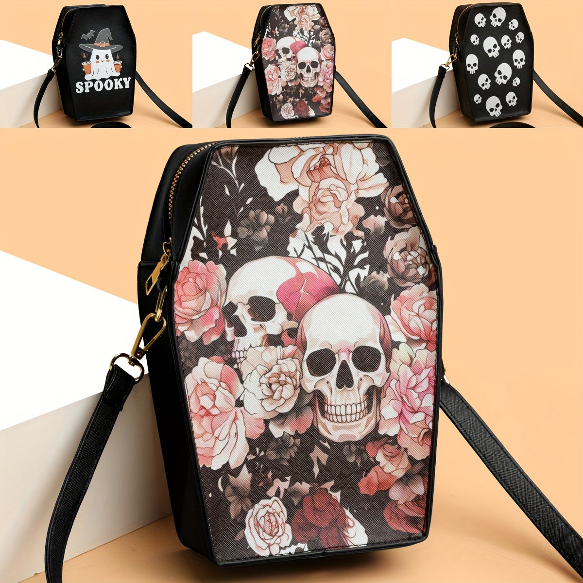 MINI Halloween Skeleton Coffin Women's Crossbody Bag, Thriller Horror Square Purse Black Punk Style Shoulder Handbag for Spooky Party Evening Event Cell Phone Pouch Lipstick Makeup Cosmetic Daily Street Shopping Movie Fan Gif