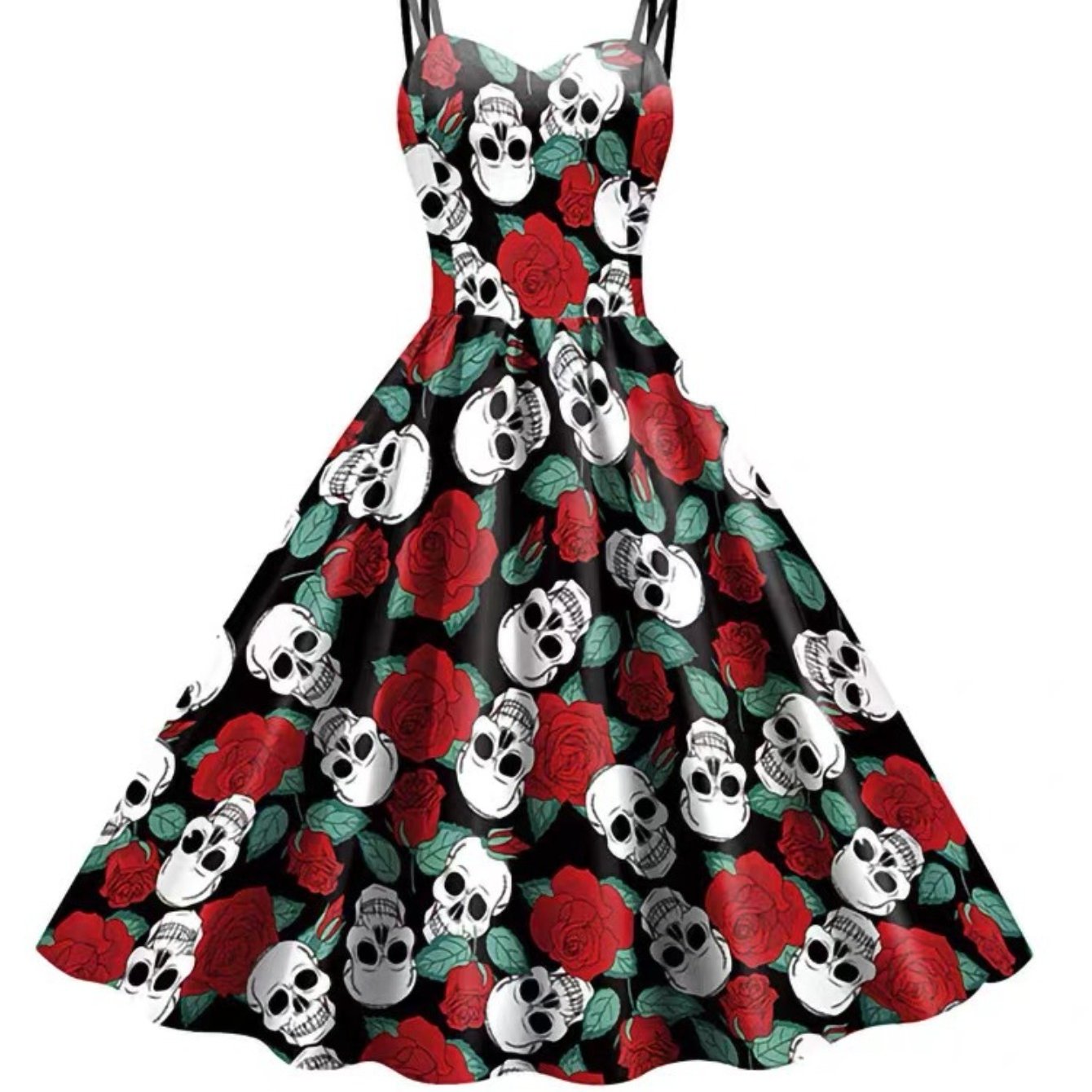 Women'S Gothic Victorian-Inspired Black & White Floral Print Suspender Dress Costume - Sleeveless A-Line Mid-Length with Ruffled Hem & V-Neck, Structured H-Line Silhouette for Halloween Carnival Party, Themed Events - Breatha