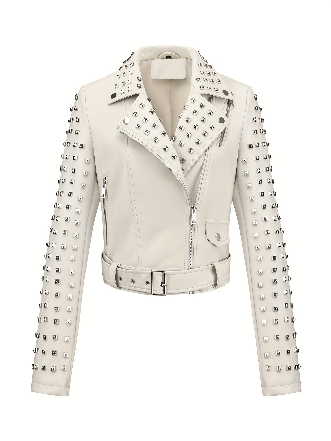 Women'S Simple Versatile Faux Leather Square Nail Style Motorcycle Jacket Coat with Belt, Faux Leather, Polyester 92.00%, Viscose 8.00%, Solid Color, Casual Biker Style, Woven, 60g/㎡ Lining Weight