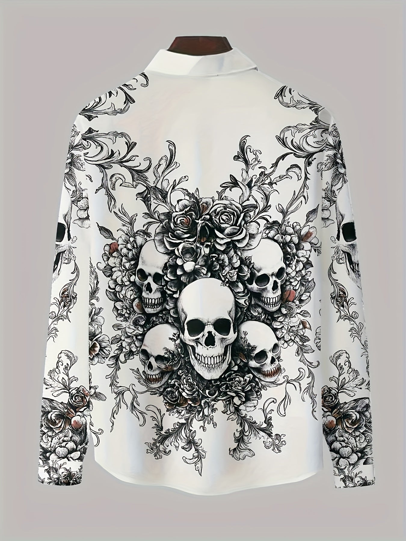 Men's Gothic Skull & Bat Wing Print Long Sleeve Shirt - Dark Blue & Black Gothic Style with White Collar & Button Front Closure, Machine Washable Durable Fabric for Halloween, Themed Parties & Casual Attire - Adult Men's Form