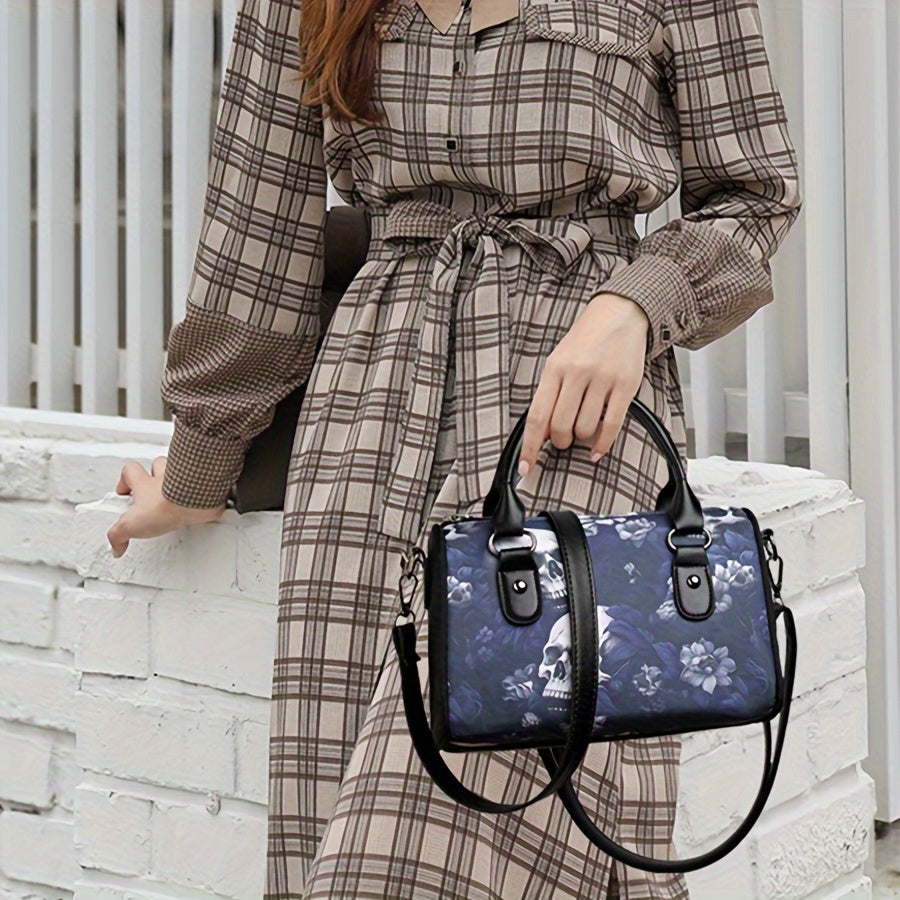 Skull Flower Pattern Handbag, Gothic Boston Shoulder Bag, Halloween Crossbody Bag For Women
