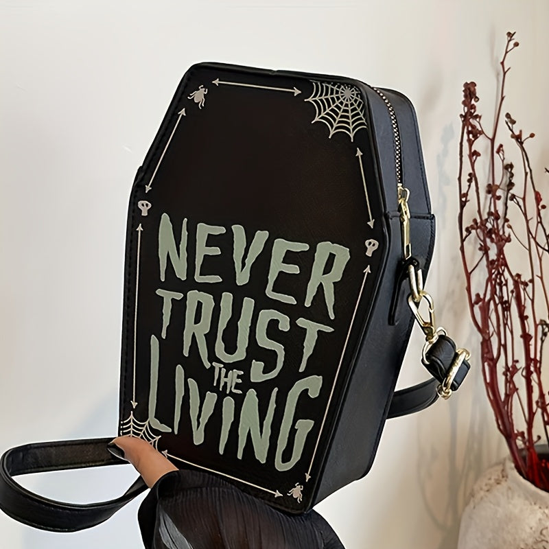 Perfect Halloween Coffin Bag • "Never Trust the Living" Design • Adjustable Strap • Zipper Closure • Polyester Lining • Dry Clean Only • Black Crossbody for Women • Halloween Costume Accessory • Trickory Desig