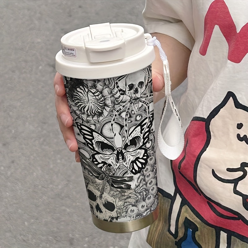 A 17.92oz Creepy Red Green Element Pattern Coffee Cup, Portable Dual Drink Thermos, Insulated/Cold Water Cup, Cool, Trendy, Cold/Hot Drink Cup, Suitable for Office, Travel, Sports/Outdoor Essentials, Basketball, Golf, Basebal