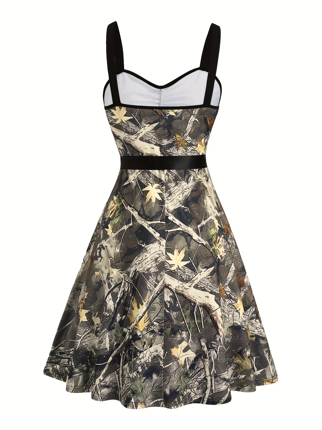 Women's Casual Sleeveless Off-Shoulder Mini Dress with Leaf & Branch Camo Print, Adjustable Waist Tie Belt, Ruched Bust Detail - Machine Washable Stretchy for Spring Summer Fall