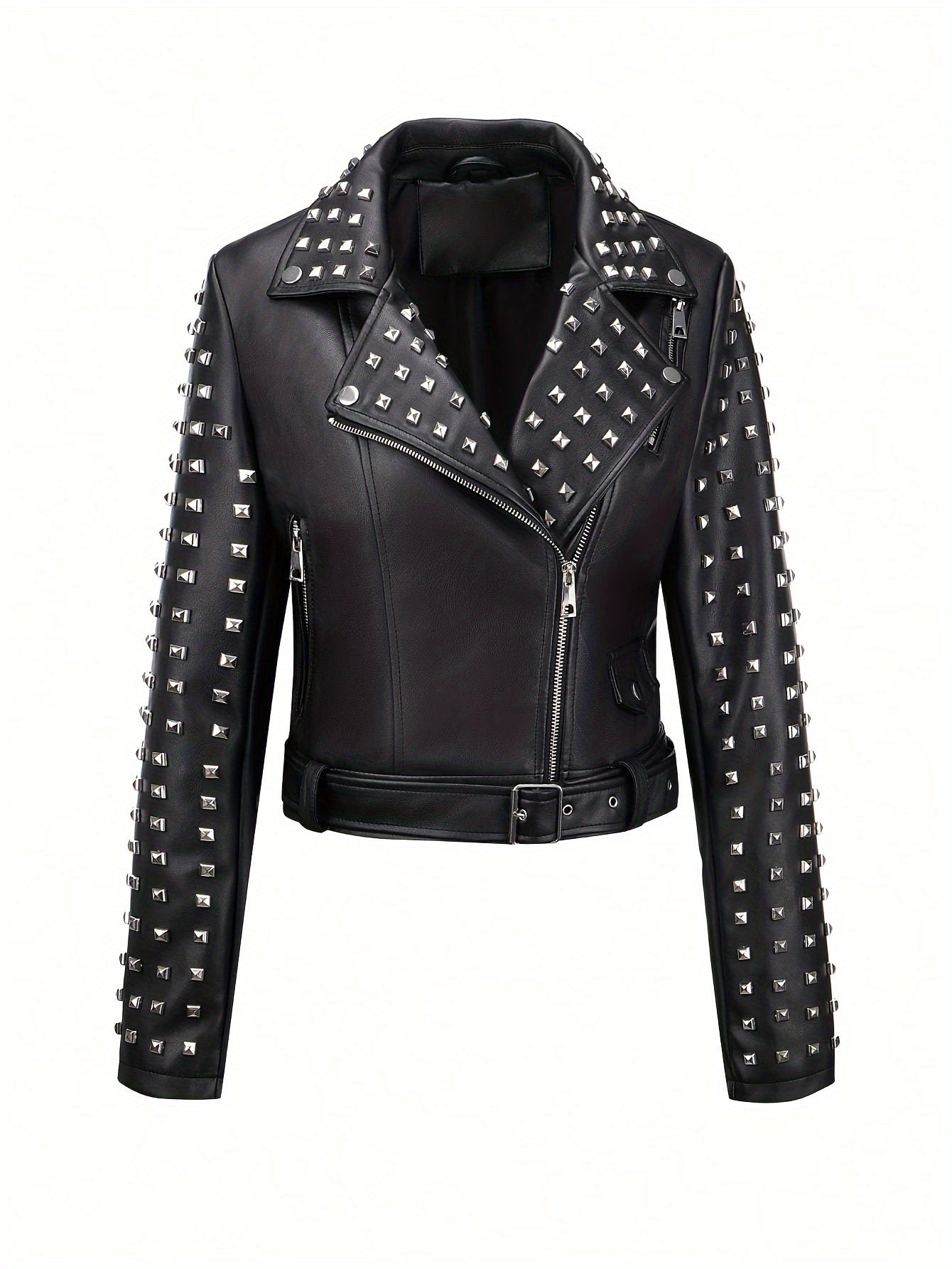 Women'S Simple Versatile Faux Leather Square Nail Style Motorcycle Jacket Coat with Belt, Faux Leather, Polyester 92.00%, Viscose 8.00%, Solid Color, Casual Biker Style, Woven, 60g/㎡ Lining Weight