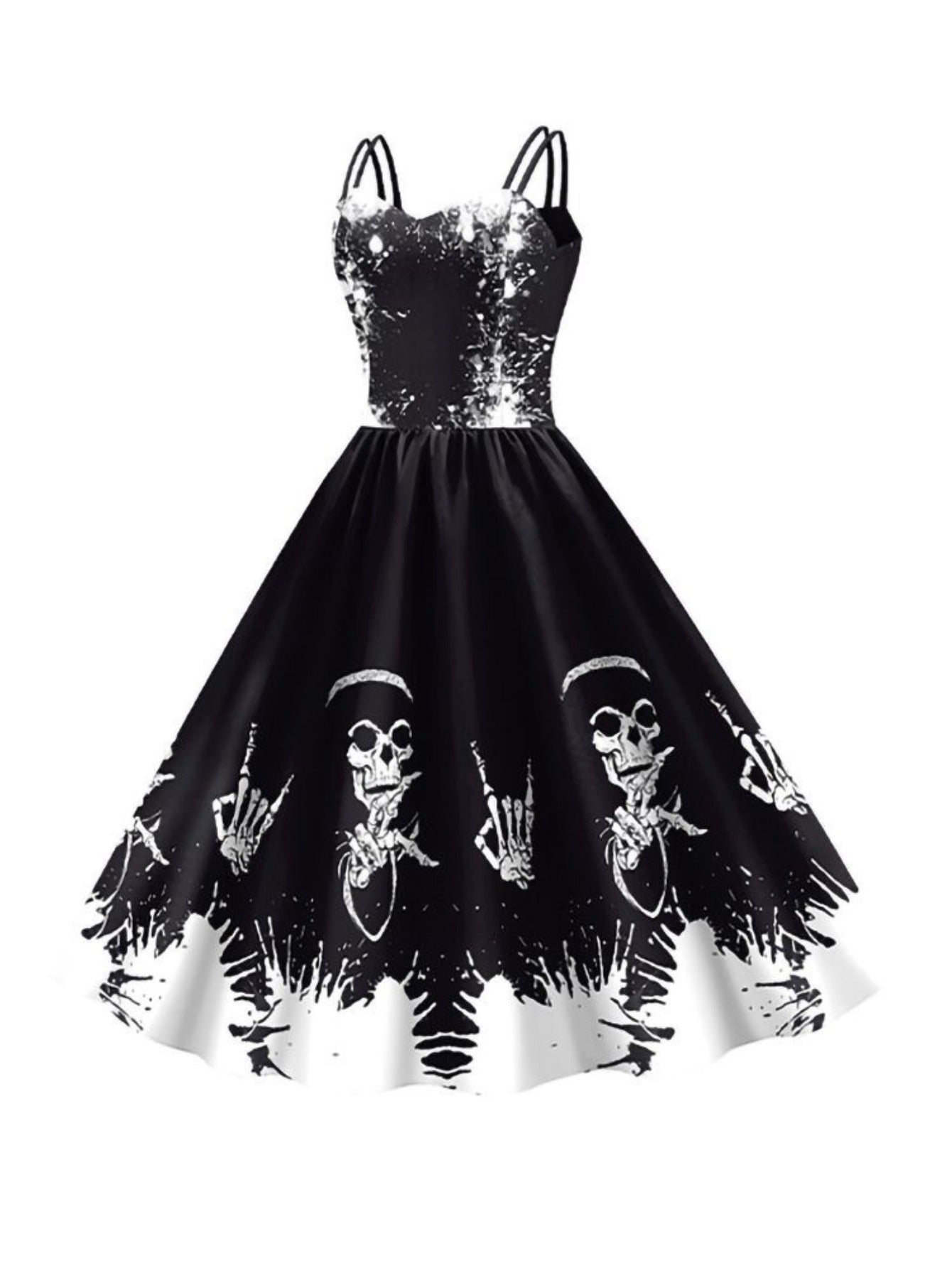 Women'S Gothic Victorian-Inspired Black & White Floral Print Suspender Dress Costume - Sleeveless A-Line Mid-Length with Ruffled Hem & V-Neck, Structured H-Line Silhouette for Halloween Carnival Party, Themed Events - Breatha