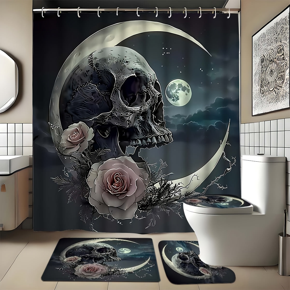 1/4pcs Creative Skull and Moon Bathroom Set, Full Set, Non-Slip Bath Mat, U-shaped Carpet, Toilet Mat, High Quality Shower Curtain with 12 Durable Hooks, Exquisite Bathroom Decorations and Accessories, Suitable for All Styles