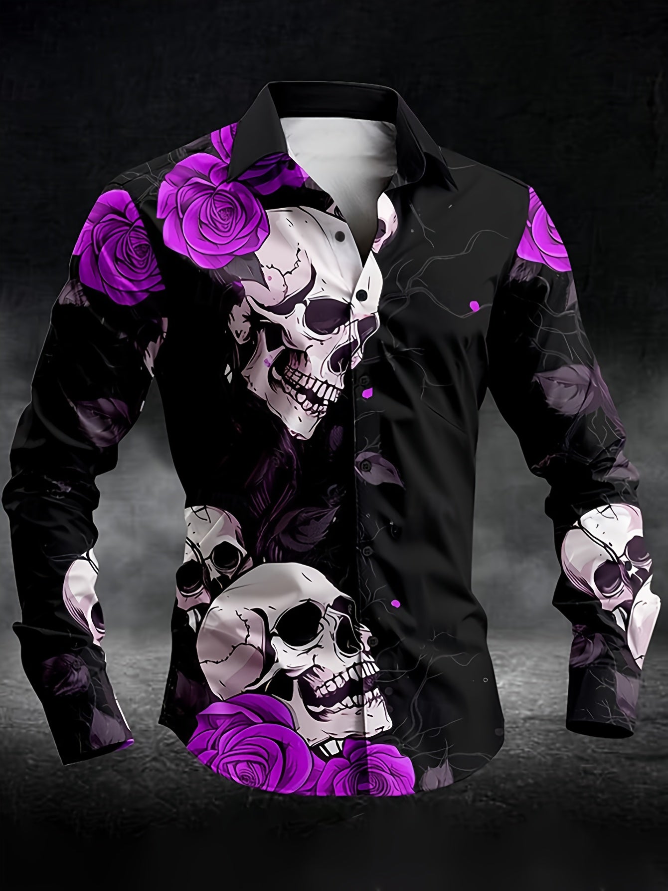 Men'S Gothic Skull & Rose Print Long Sleeve Shirt - Black with White & Blue Gothic Design, Pointed Collar Button Front, Machine Washable All-Season Casual & Formal Wear, Bold Statement Shirt for Themed Events, Parties, Everyd