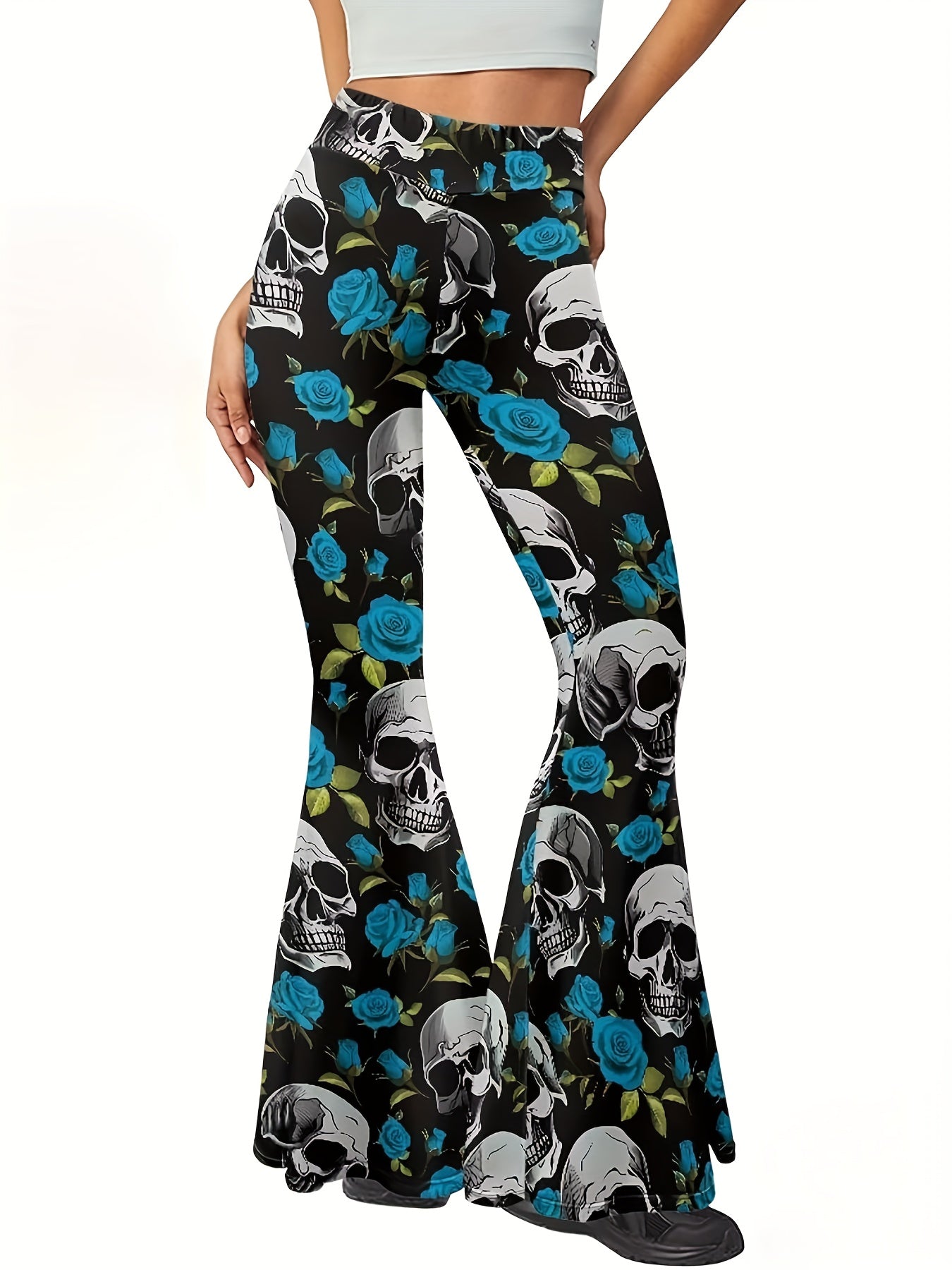 Women'S Gothic Punk Rock Pants - High-Waisted Flared Leggings with Skull & Floral Print, Stretchy Non-Slip Trousers for Concerts, Parties, Everyday - Edgy Gothic Outfit Essentials (All-Season Fit), Goth Leggings, Party Attire