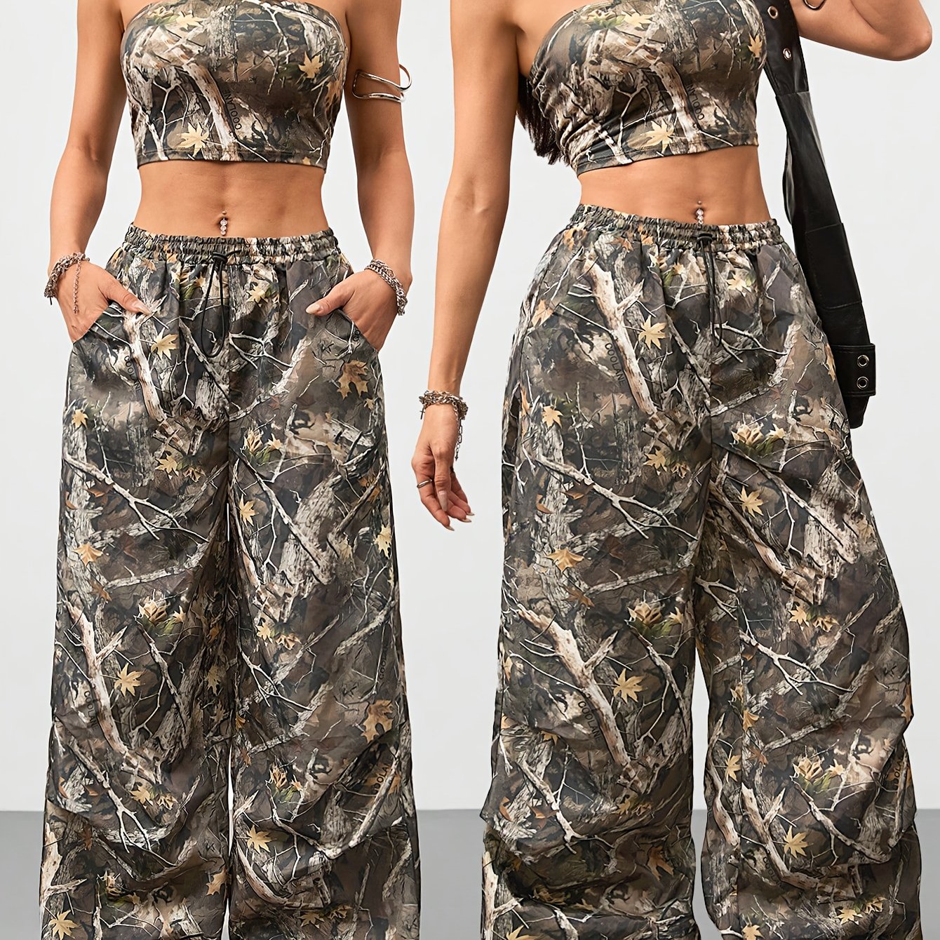 2pcs Women'S Camo Print Two-Piece Set - Sleeveless Crop Top & Wide-Leg Pants with Drawstring Waist, Brown & Black Leaf Pattern, Casual Spring/Summer Outfit, Outdoor Clothing | Relaxed Fit Pants | Drawstring Waistband