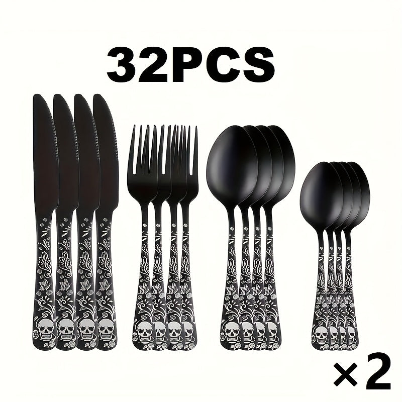 16/24pcs Gothic Design Cutlery Service for 4/6/8, Premium Stainless Steel Flatware Includes Spoon Fork And Knife, Cool Silverware with Skull&Rose Pattern, Nice Gift for Dark&Rock Lover/Halloween/Day of The Dead/Cinco De Mayo/