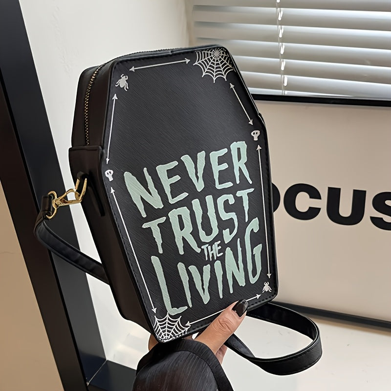 Perfect Halloween Coffin Bag • "Never Trust the Living" Design • Adjustable Strap • Zipper Closure • Polyester Lining • Dry Clean Only • Black Crossbody for Women • Halloween Costume Accessory • Trickory Desig