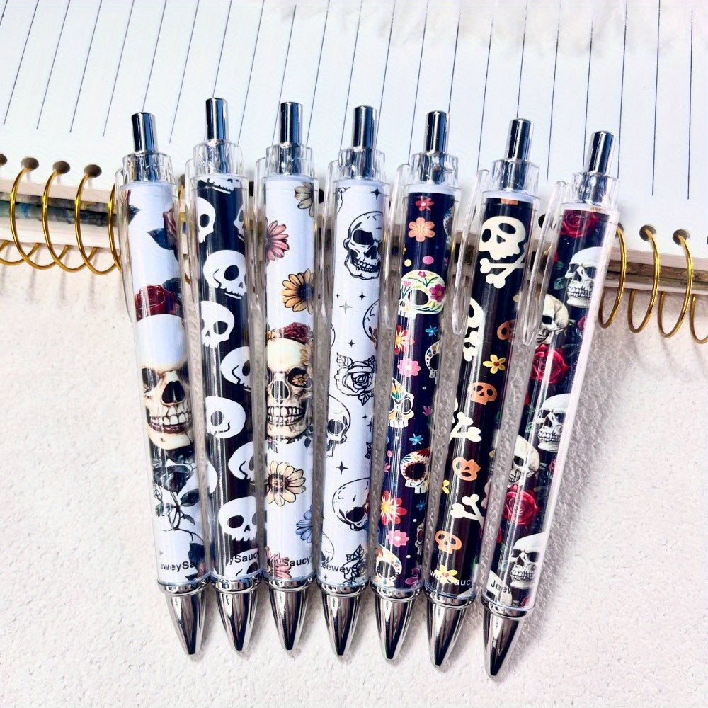 7pcs 7pcs Day of the Dead Skull Magnetic Gift Round Ballpoint Pen - Skull Flower Reading Black Ink Writing Pen, Suitable for Women Book Lovers Office Teachers Writing Supplies