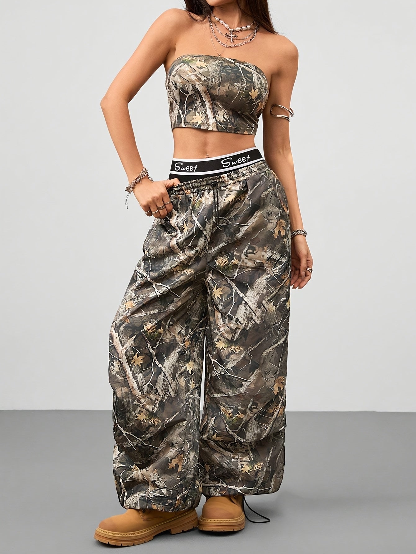 2pcs Women'S Camo Print Two-Piece Set - Sleeveless Crop Top & Wide-Leg Pants with Drawstring Waist, Brown & Black Leaf Pattern, Casual Spring/Summer Outfit, Outdoor Clothing | Relaxed Fit Pants | Drawstring Waistband