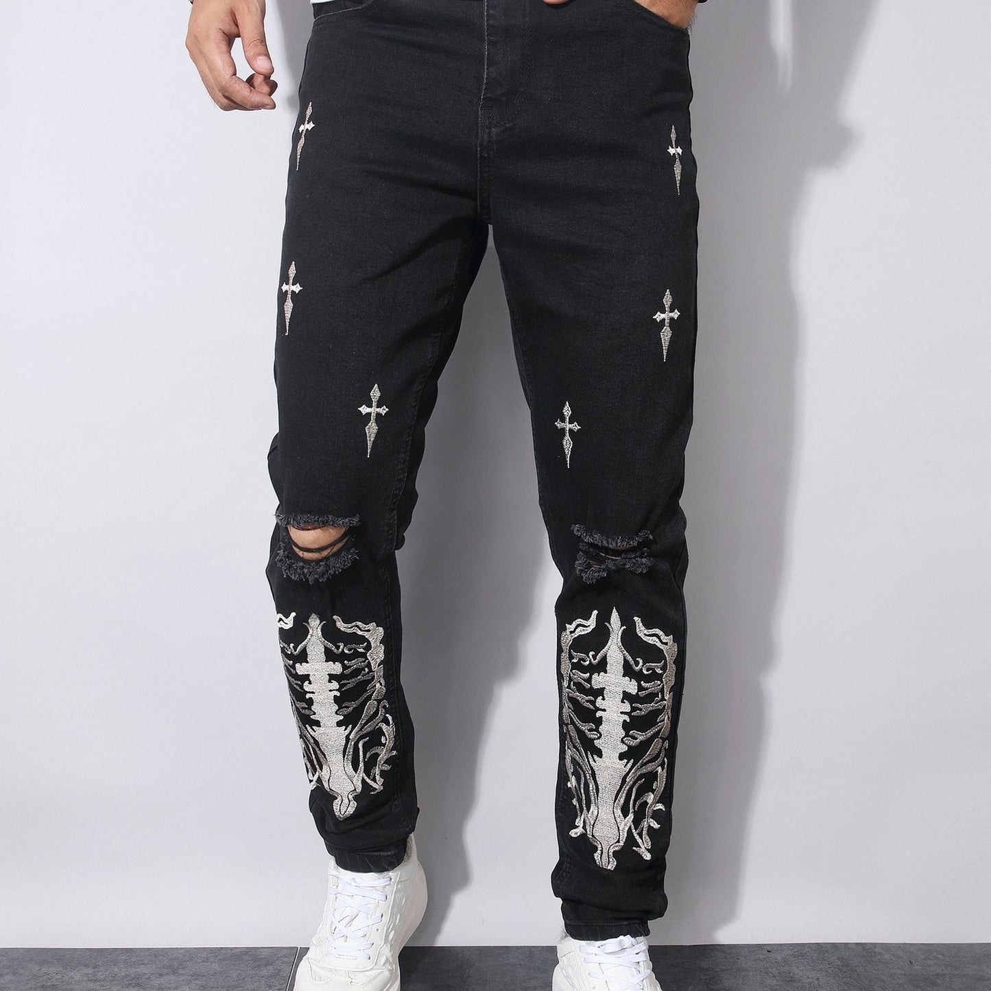 Men's Gothic Streetwear Distressed Black Slim-Fit Trousers with White Skull & Cross Print - All-Season Stretch Jeans for Casual & Statement Outfits, Gothic Pants For Men, Horror Pants For Men, Hip Hop Pants For Men, Printed T