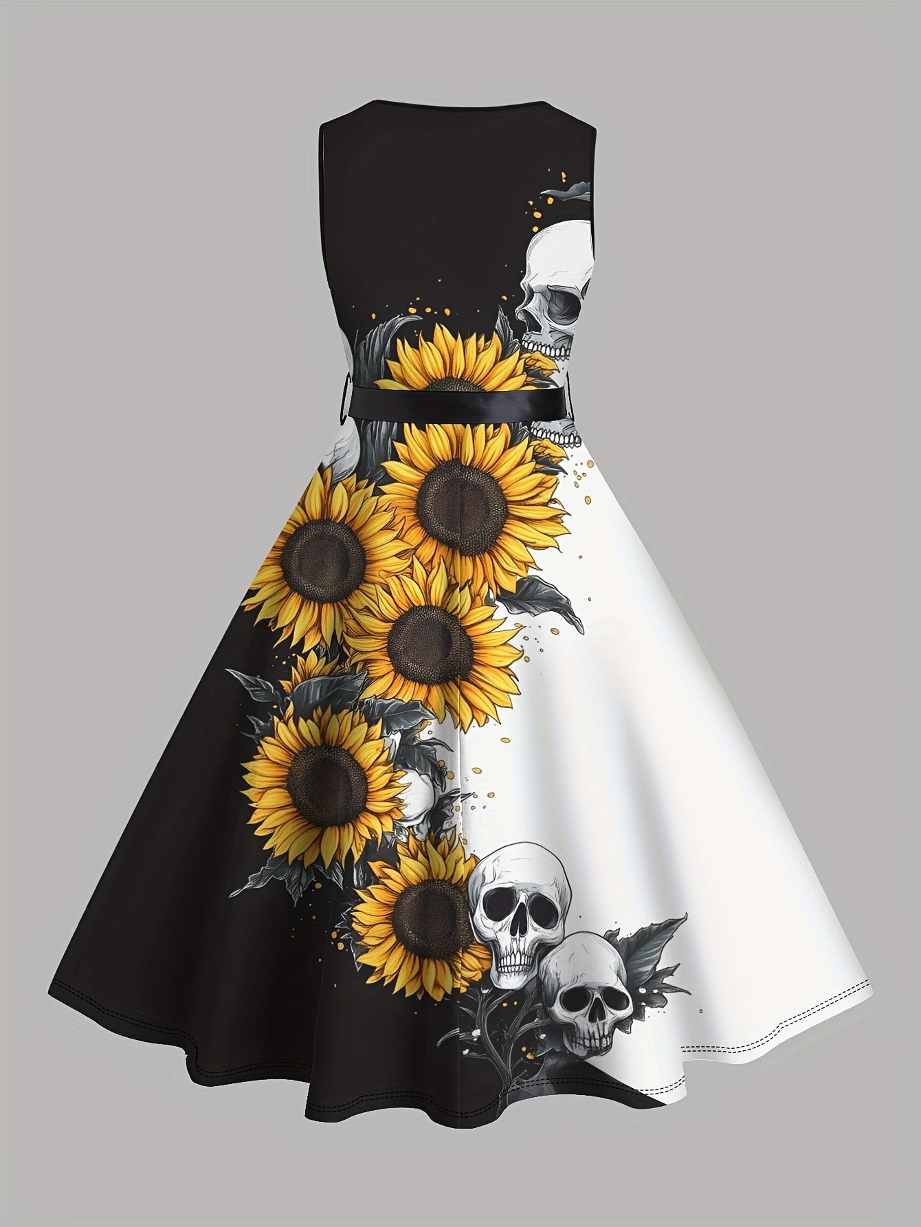 Women'S Gothic Sunflower Skull Print Sleeveless A-Line Dress with Belt - Black & White Contrast, Vintage Cocktail Party Dress for Spring Summer Fall, Casual Elegance, Seasonal Fashion, Offshoulder Design, Sophisticated Crafts