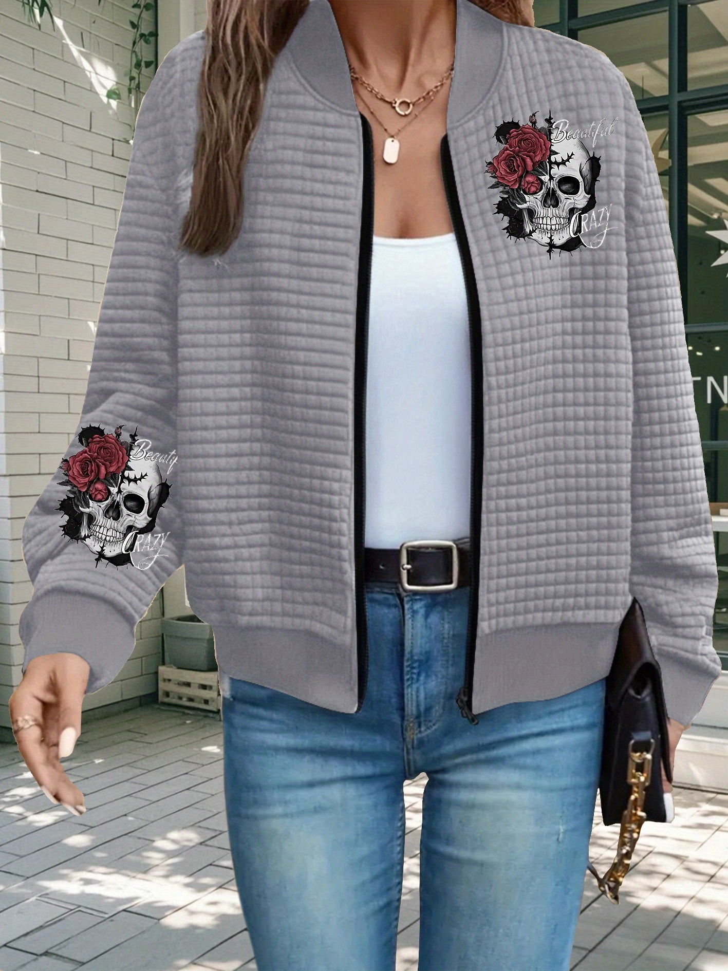 Women'S Gothic Chic Jacket - Black with Rose Skull Print, Baseball Collar Zip-Up Coat, Machine Washable Polyester Jacket for Everyday & Halloween Outfits - Edgy Outerwear, Halloween Clothes, Allseason Wear, Waffle Texture, Du