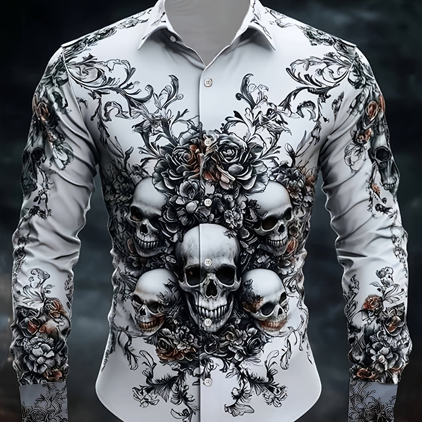 Men's Gothic Skull & Bat Wing Print Long Sleeve Shirt - Dark Blue & Black Gothic Style with White Collar & Button Front Closure, Machine Washable Durable Fabric for Halloween, Themed Parties & Casual Attire - Adult Men's Form