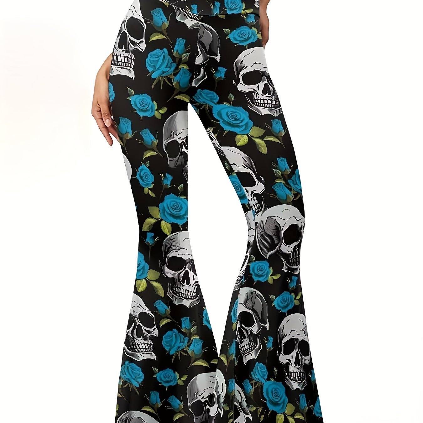 Women'S Gothic Punk Rock Pants - High-Waisted Flared Leggings with Skull & Floral Print, Stretchy Non-Slip Trousers for Concerts, Parties, Everyday - Edgy Gothic Outfit Essentials (All-Season Fit), Goth Leggings, Party Attire